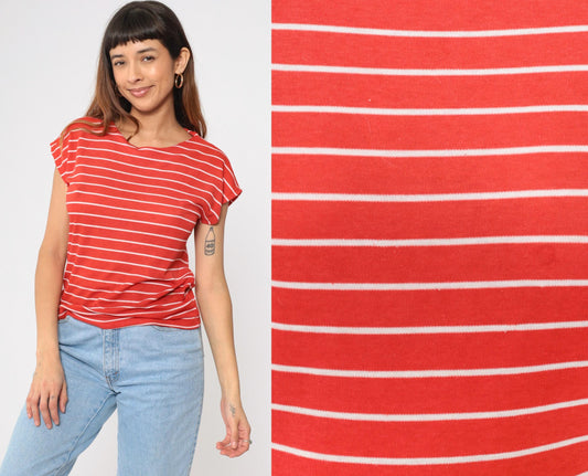 80s Red White Striped Cap Sleeve T-Shirt Gotham Vintage Small