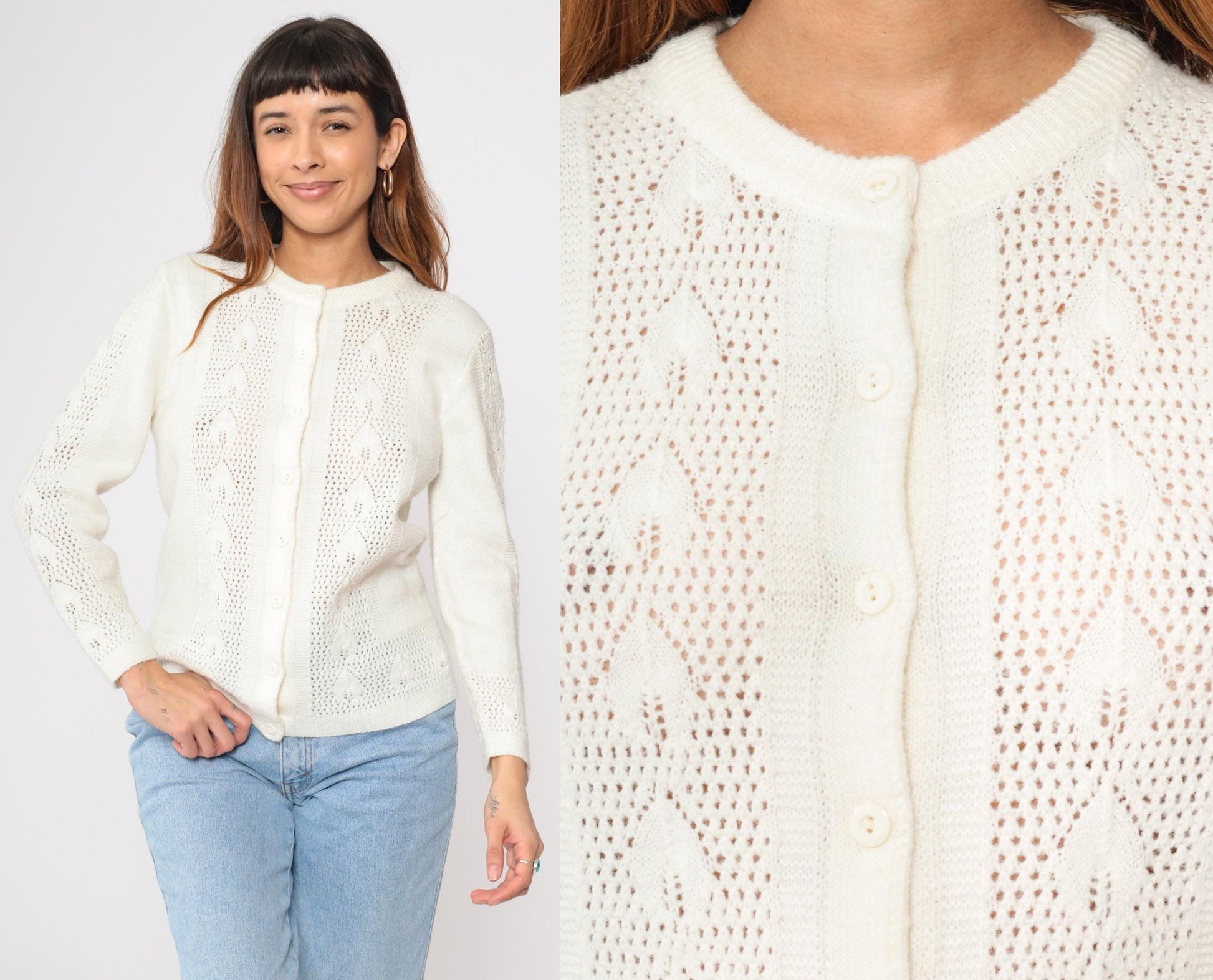80s White Openwork Cardigan Leaf Motif Button-Up Crew Neck Small