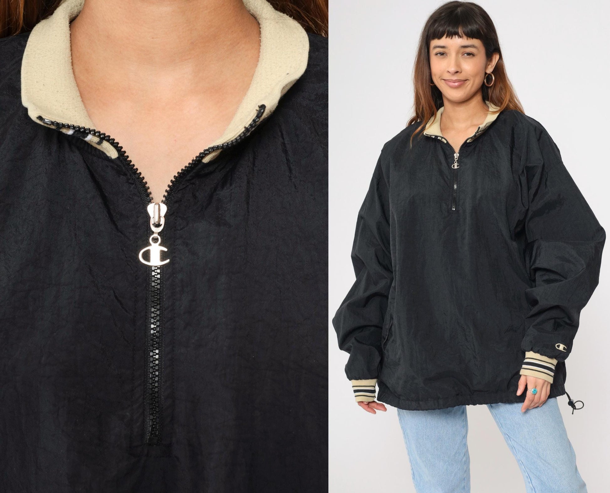 Y2K Champion Windbreaker Jacket Black Nylon Quarter Zip Pullover Extra Extra Large XXL