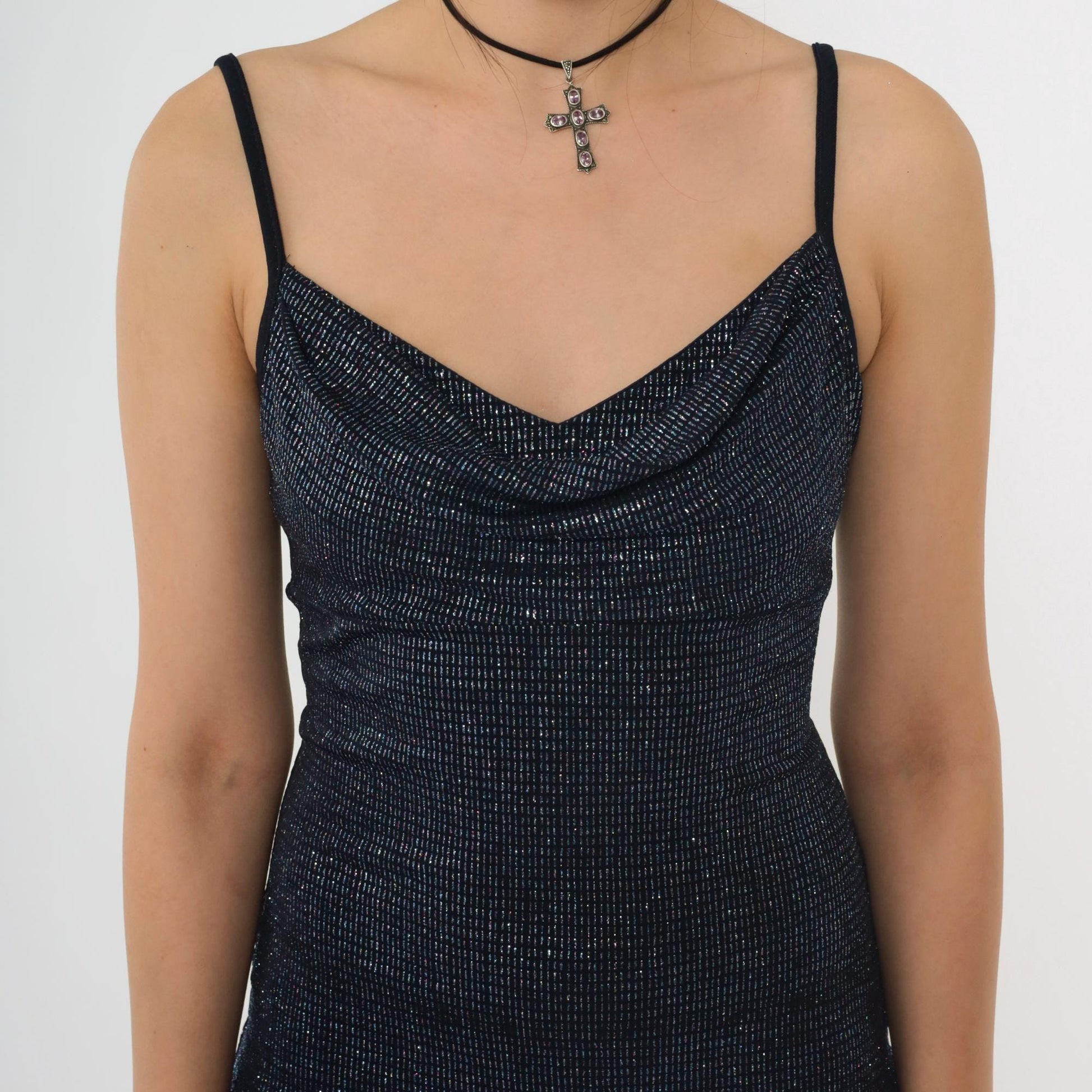 00s Metallic Blue Maxi Dress Cowl Neck Bodycon High Slit Small