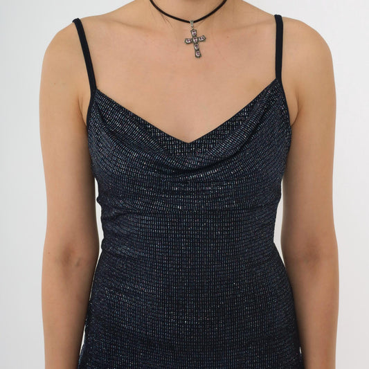 00s Metallic Blue Maxi Dress Cowl Neck Bodycon High Slit Small