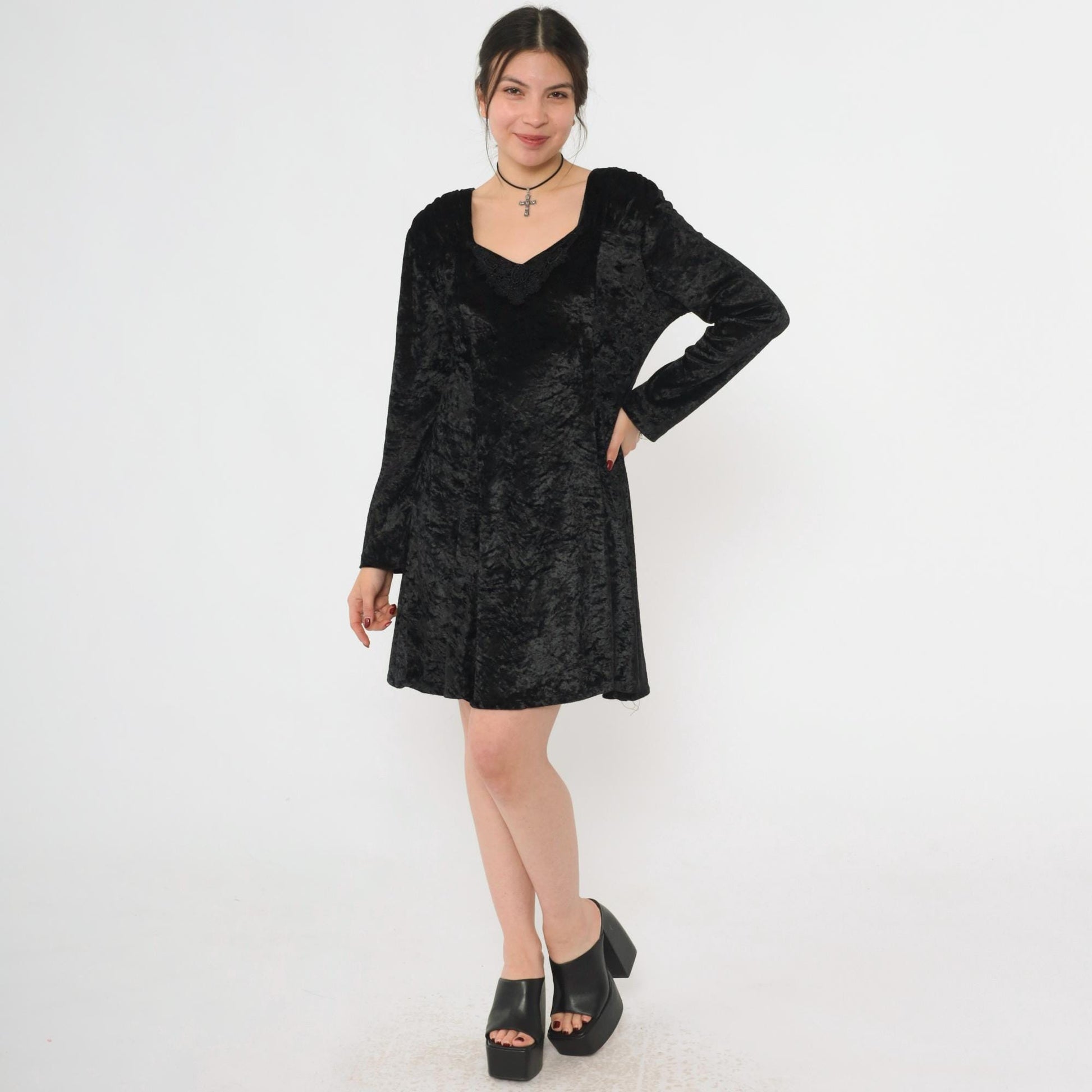 90s Black Crushed Velvet Mini Dress Lace Trim Long Sleeve Medium M
