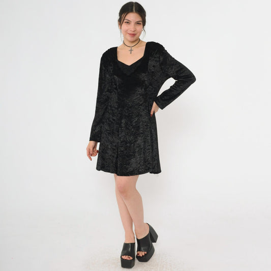 90s Black Crushed Velvet Mini Dress Lace Trim Long Sleeve Medium M
