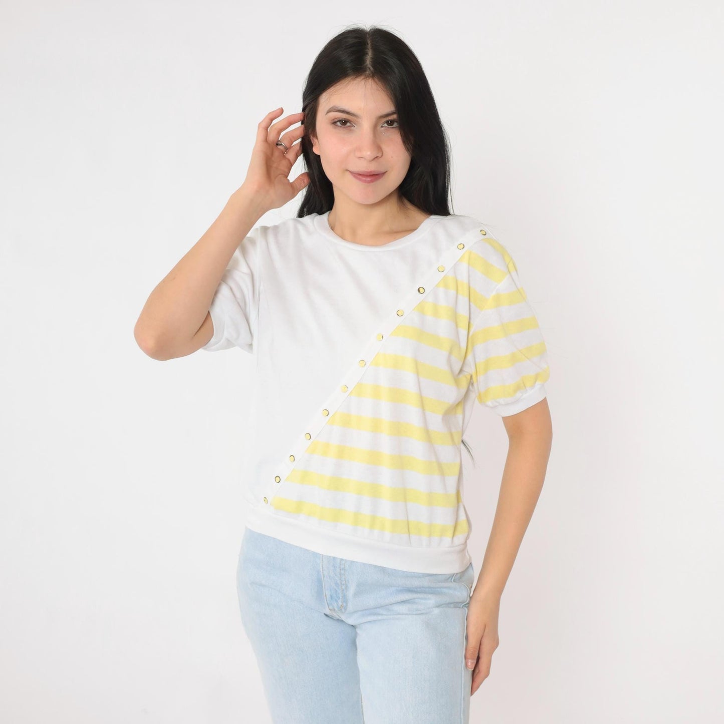 80s White Stag Striped Short Sleeve Shirt Yellow Banded Hem Medium