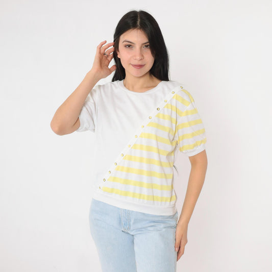 80s White Stag Striped Short Sleeve Shirt Yellow Banded Hem Medium