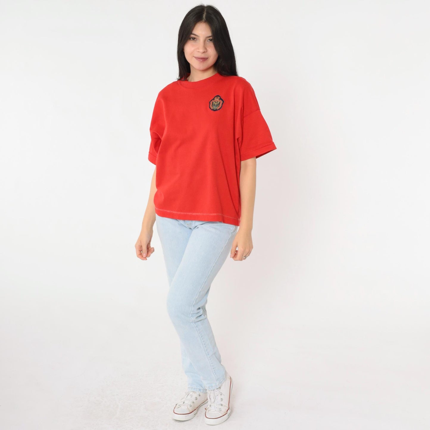 90s Grand Eagle Crest Embroidered T-Shirt Red Crewneck Extra Large XL