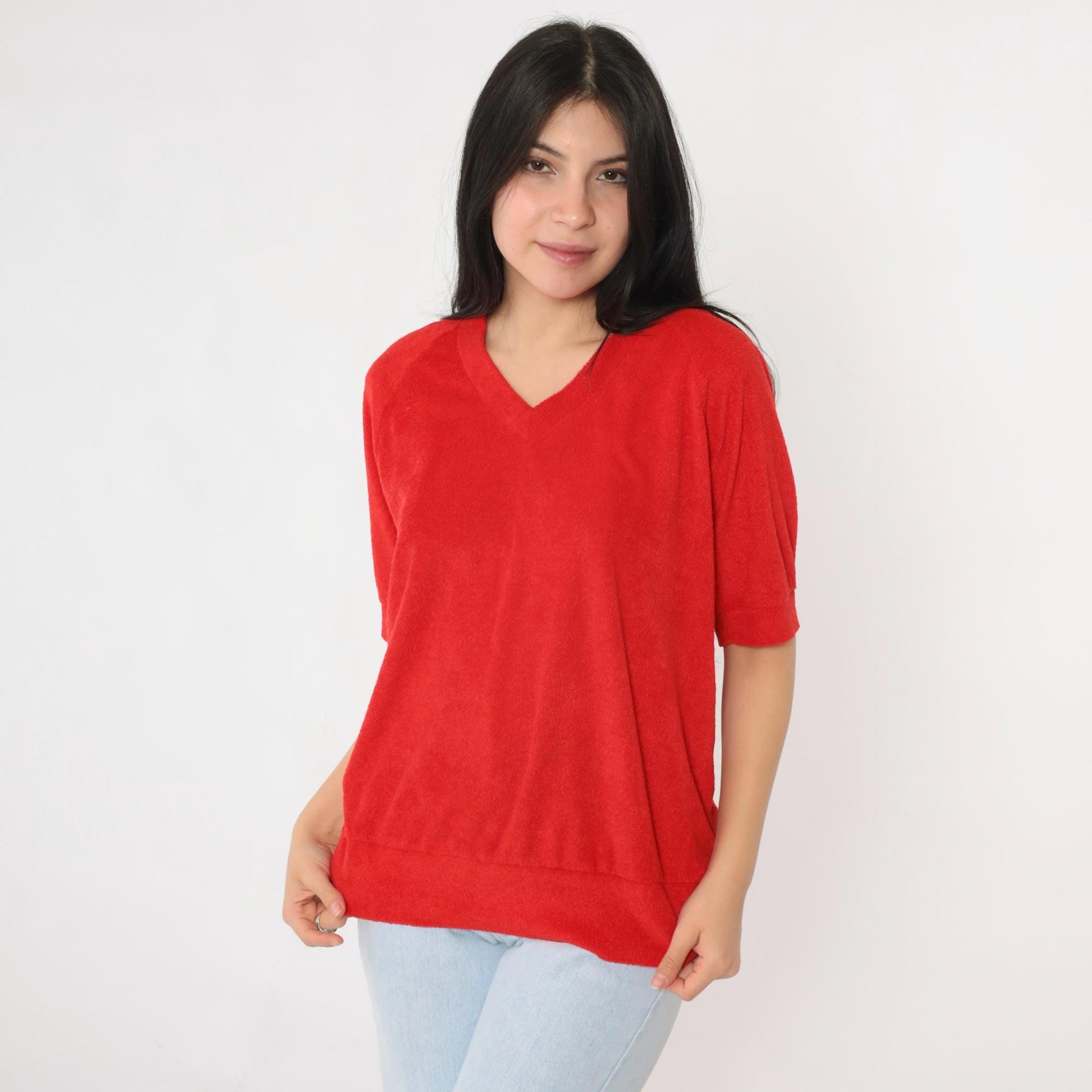 80s Alfie California Terry Cloth V-Neck Top Red Short Sleeve Medium Large