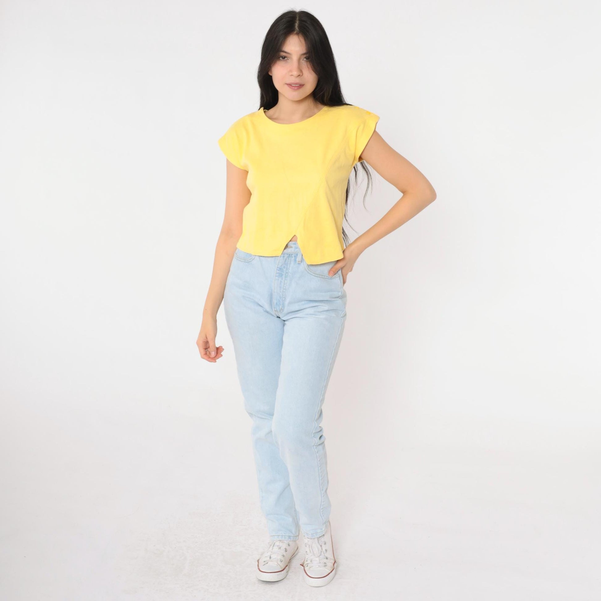 80s Yellow Asymmetric Hem Cap Sleeve Crop Top Cotton Blend Small S