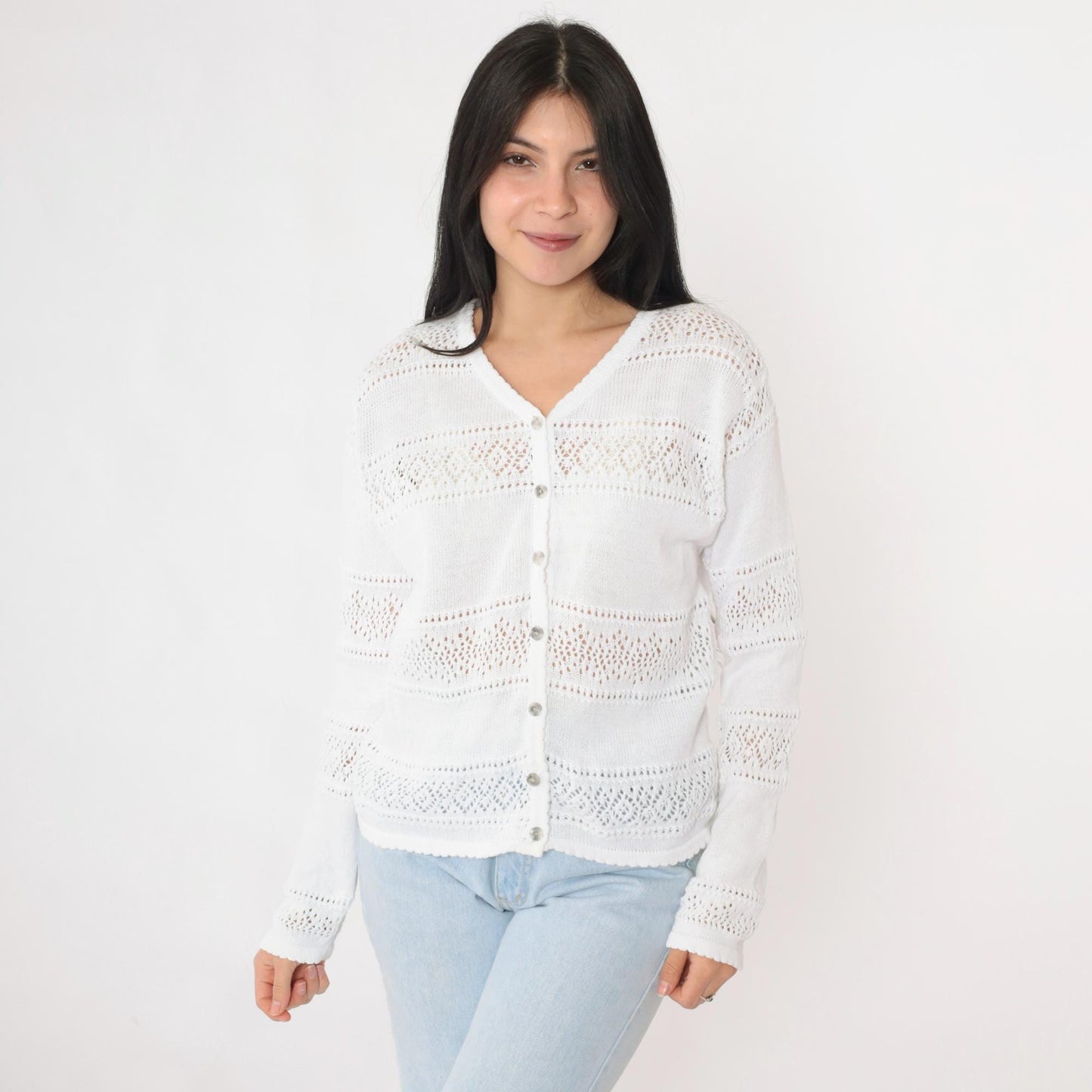80s White Pointelle Cardigan Sheer Cutout Button-Up V-Neck Medium M