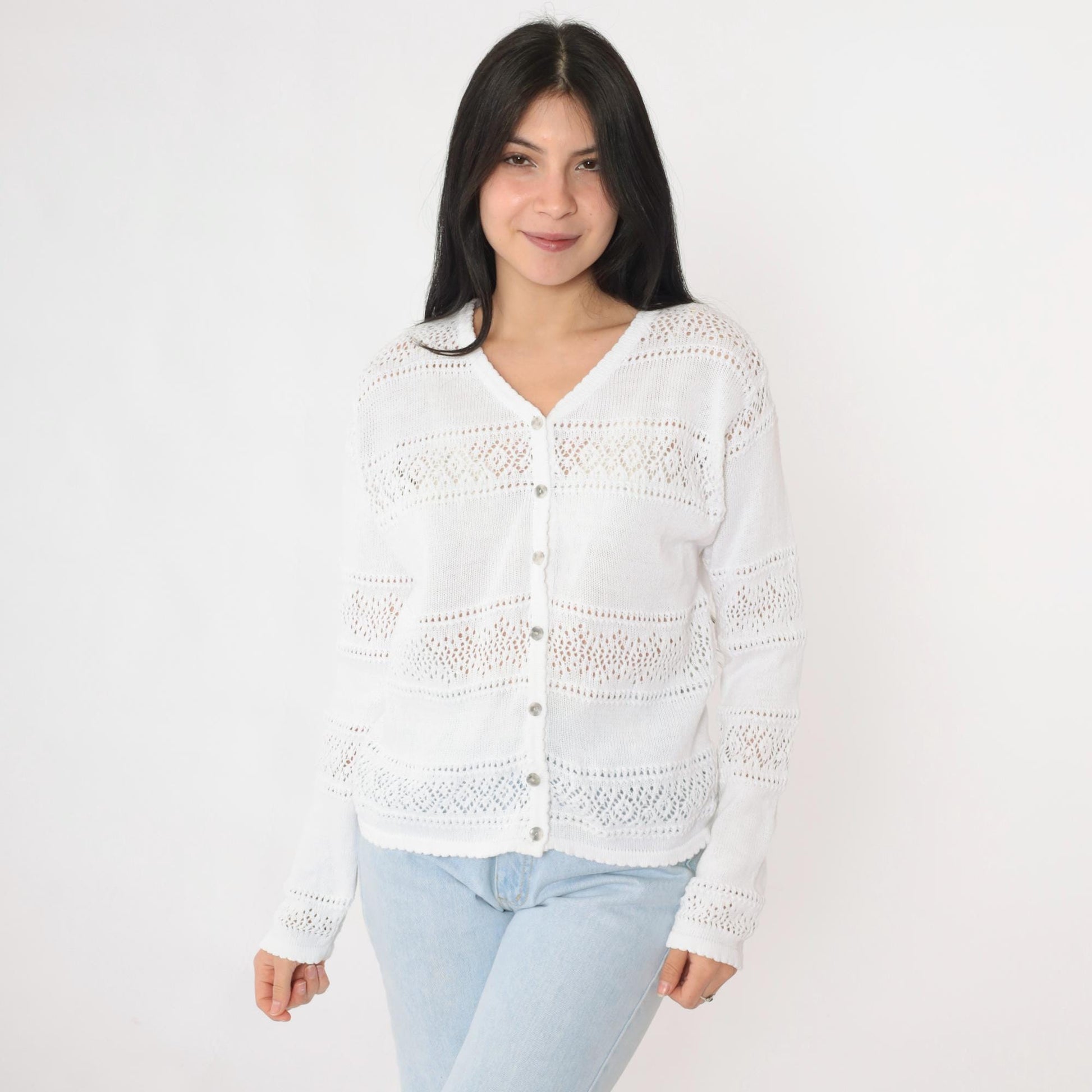 80s White Pointelle Cardigan Sheer Cutout Button-Up V-Neck Medium M