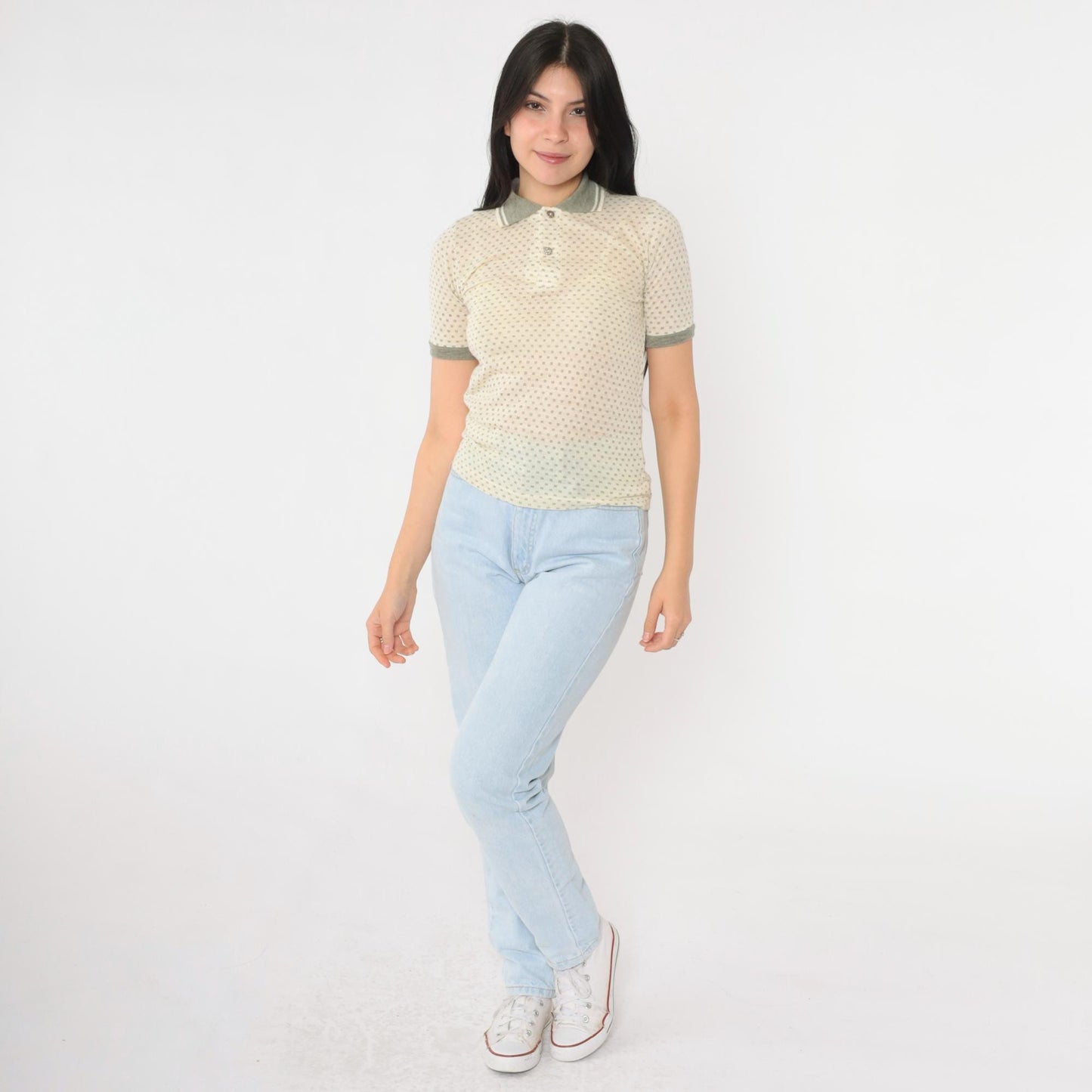 80s RoyCo Sportswear Cream Knit Polo Polka Dot Grey Short Sleeve Extra Small