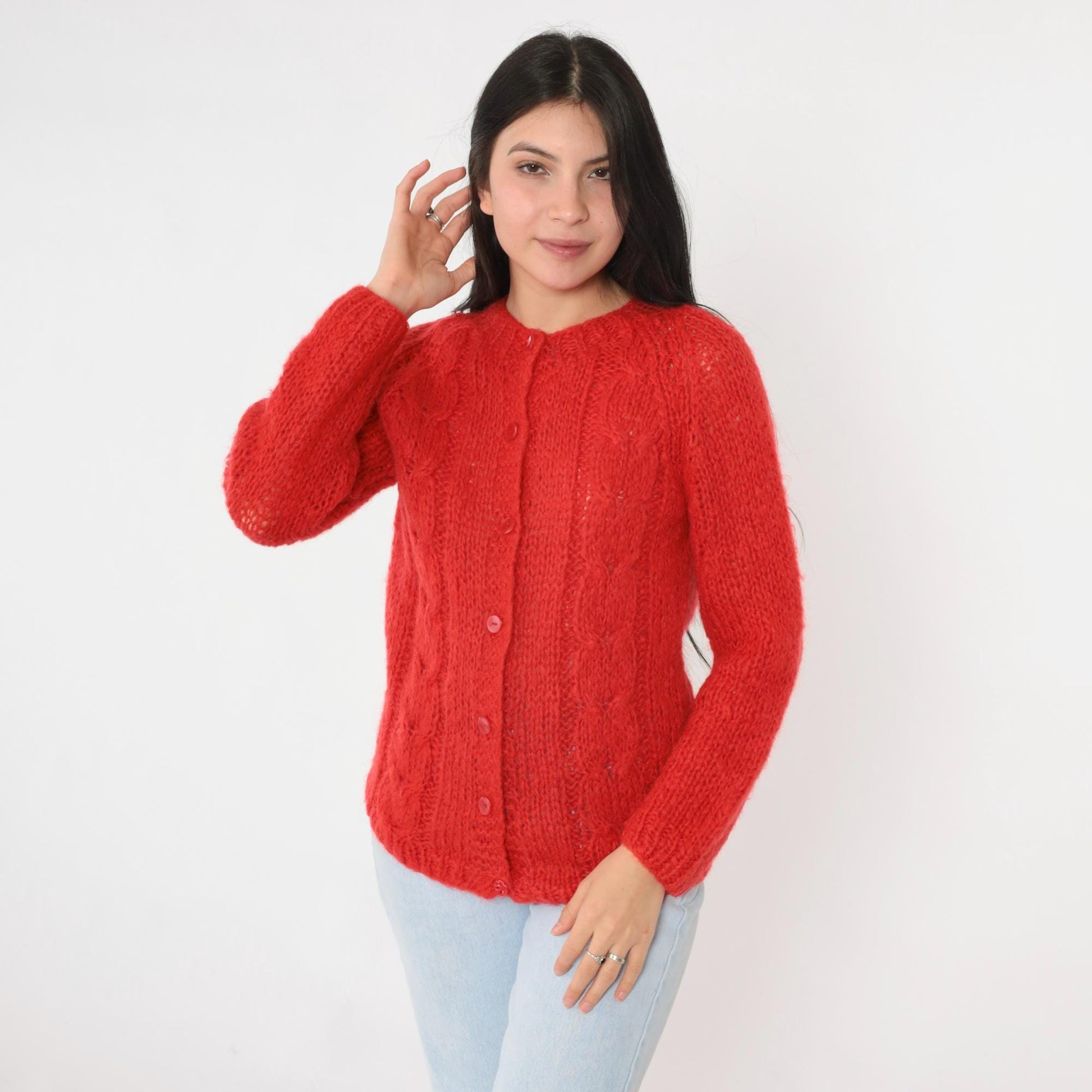 70s Carol Brent Wool Mohair Cable Knit Cardigan Red Semi-Sheer Extra Small