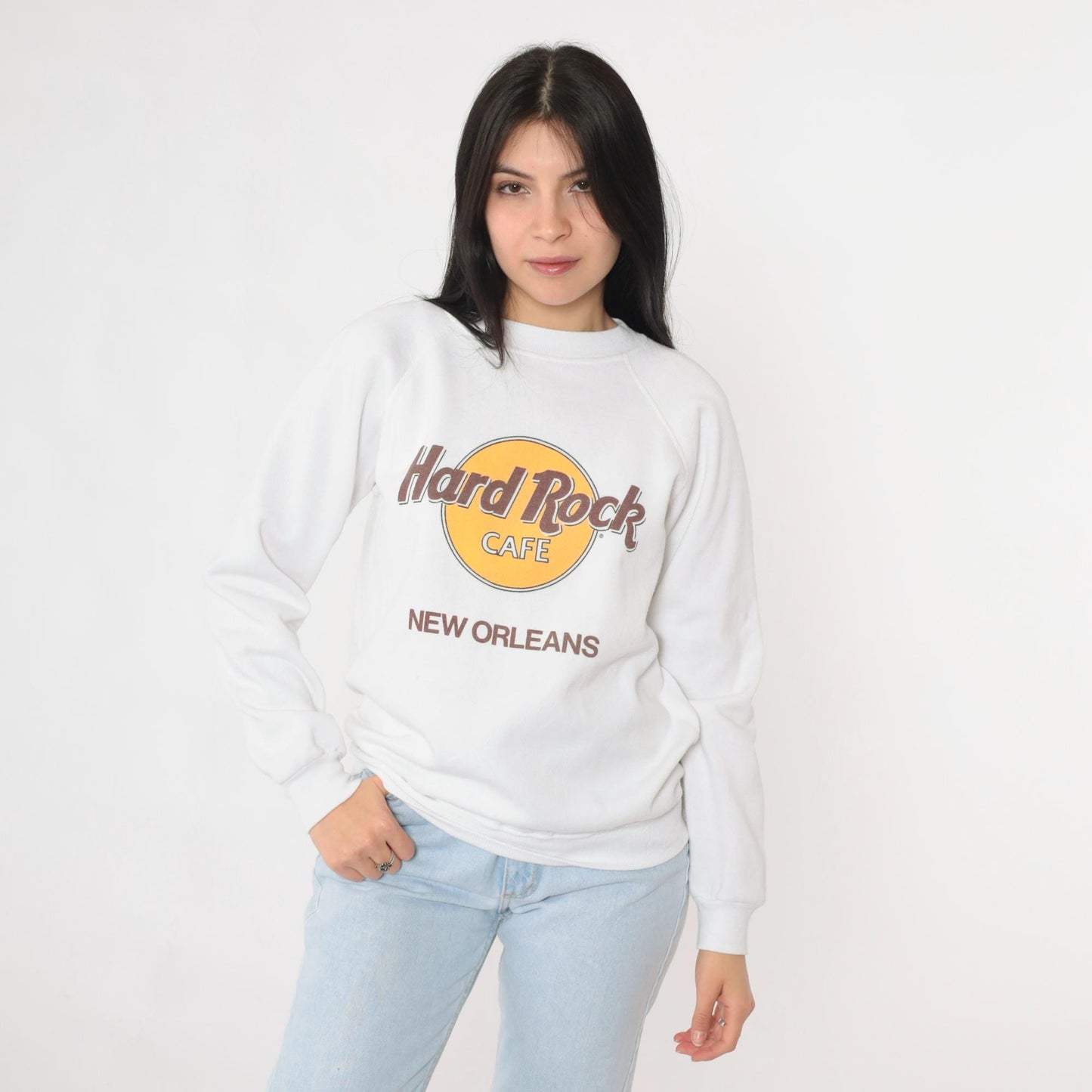 90s Hard Rock Cafe New Orleans Raglan Sweatshirt White Graphic Small