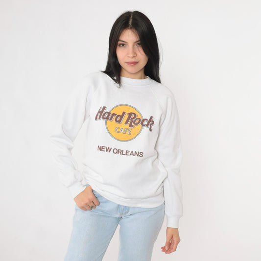 90s Hard Rock Cafe New Orleans Raglan Sweatshirt White Graphic Small