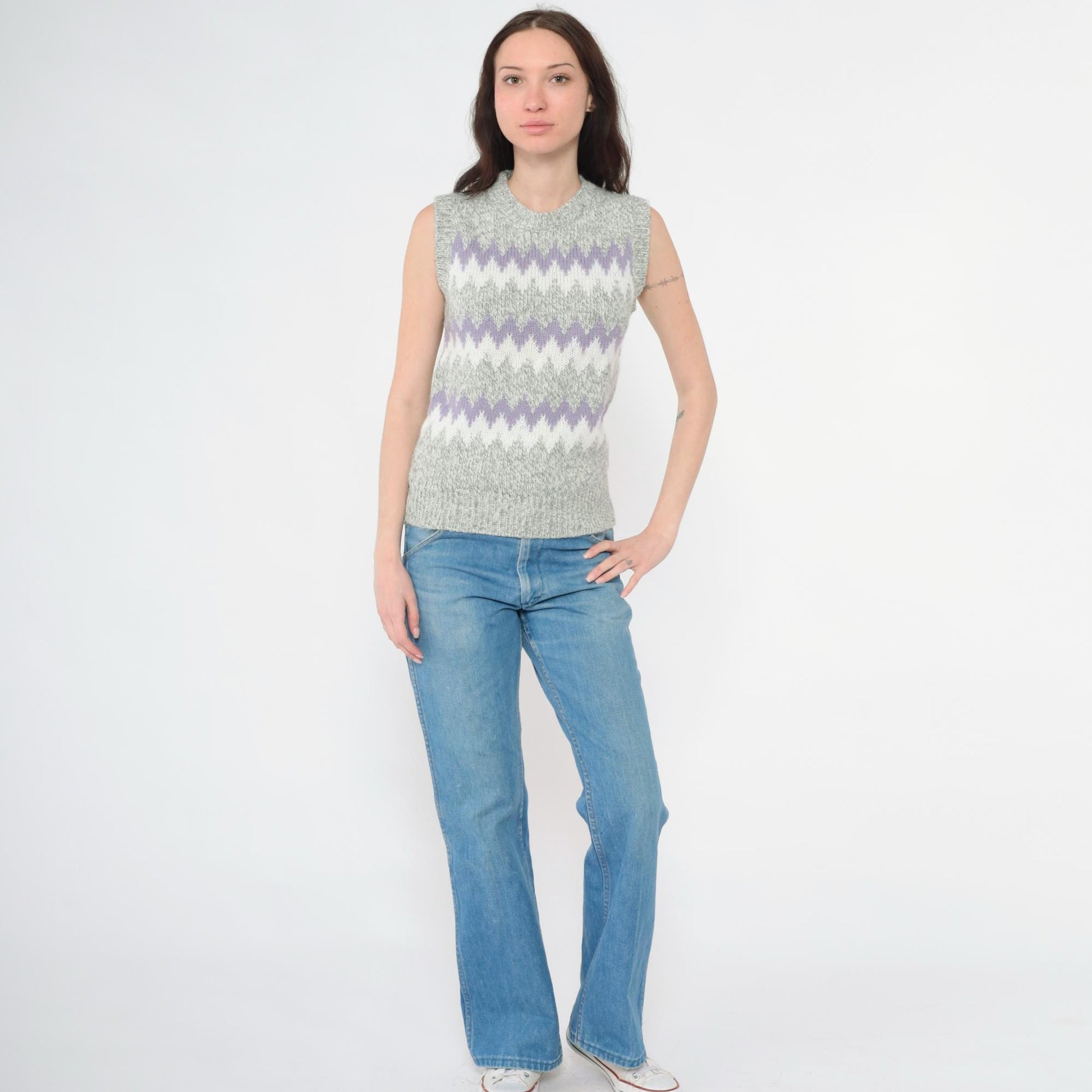 80s Grey Wool Blend Sweater Vest Lavender White Zig Zag Knit Crewneck Extra Small