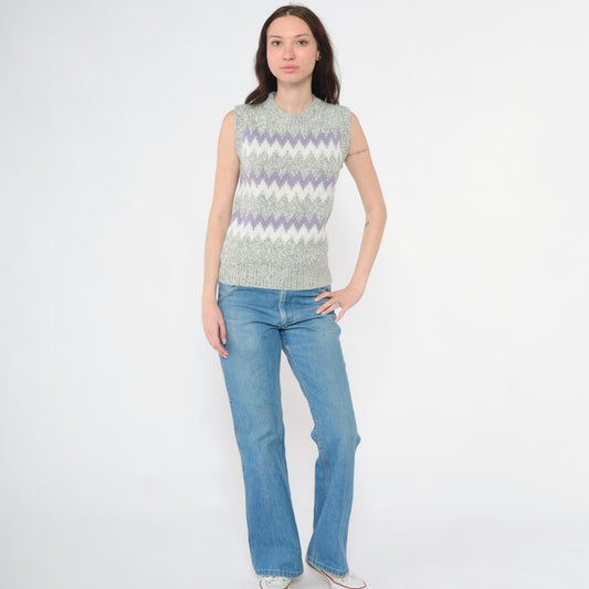 80s Grey Wool Blend Sweater Vest Lavender White Zig Zag Knit Crewneck Extra Small