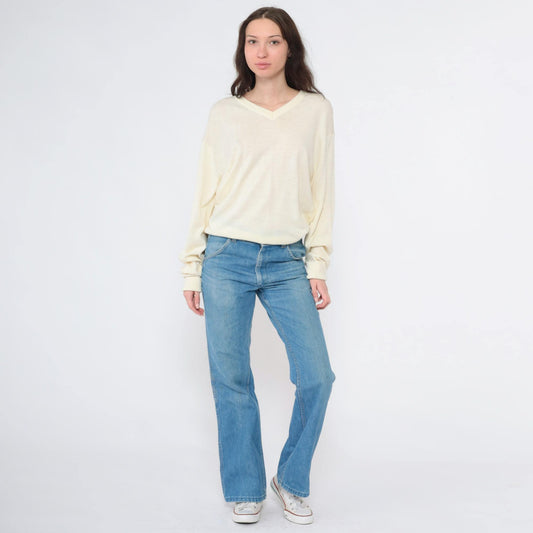 80s Izod Lacoste Cream Wool Blend V-Neck Sweater Pullover Medium