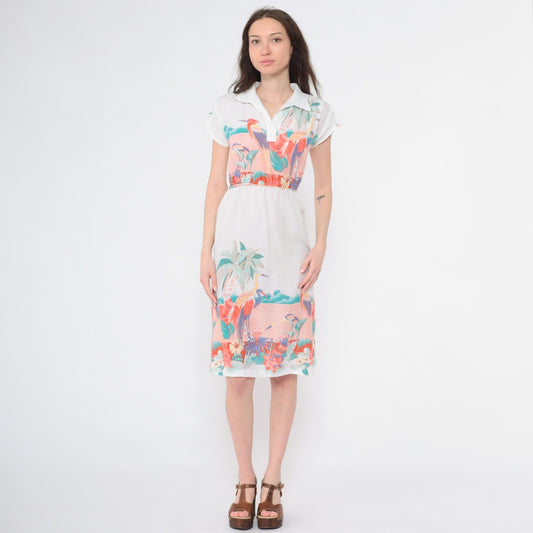 80s Tropical Bird Midi Dress White Crane Print Elastic Waist Polo Collar Extra Small