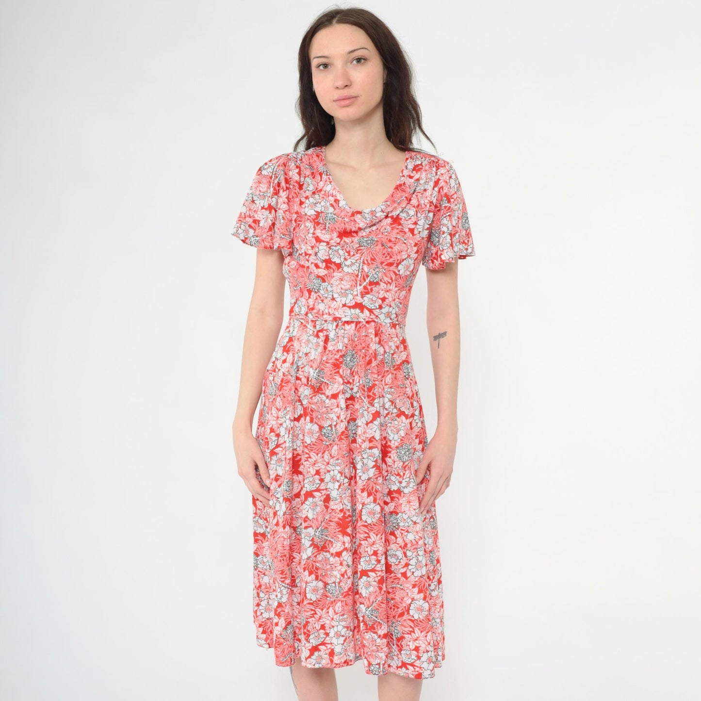 70s Red Floral Midi Dress Cowl Neck Flutter Sleeve High Waist Extra Small