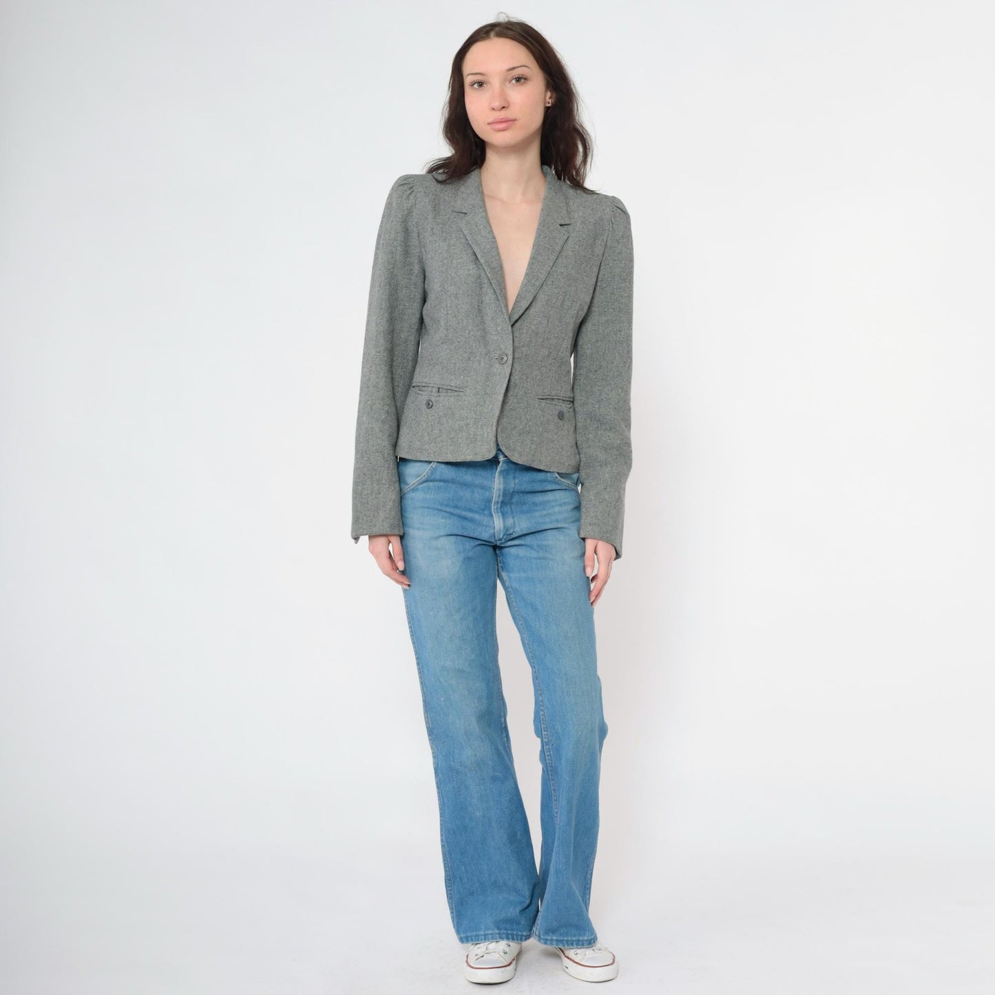 80s Grey Wool Blend Blazer Puff Sleeve Button-Up Jacket Small