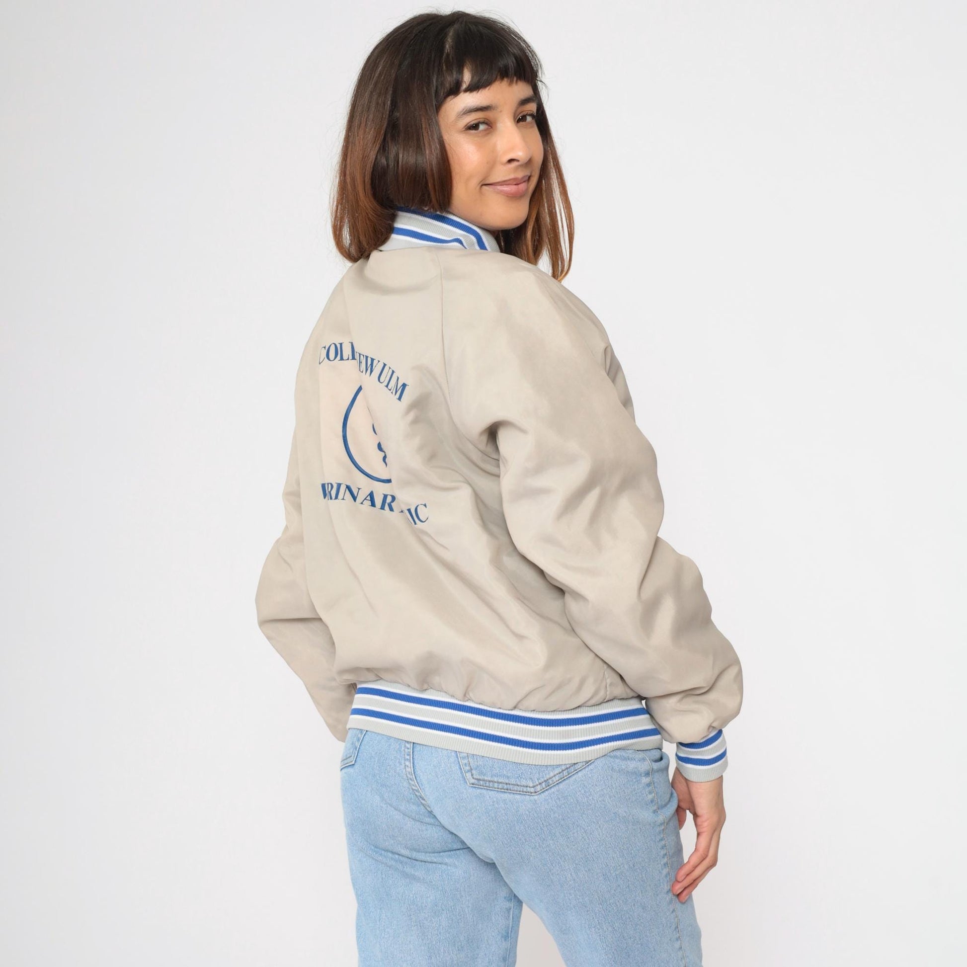 80s Butwin Veterinary Clinic Bomber Jacket Beige Royal Blue Snap Medium