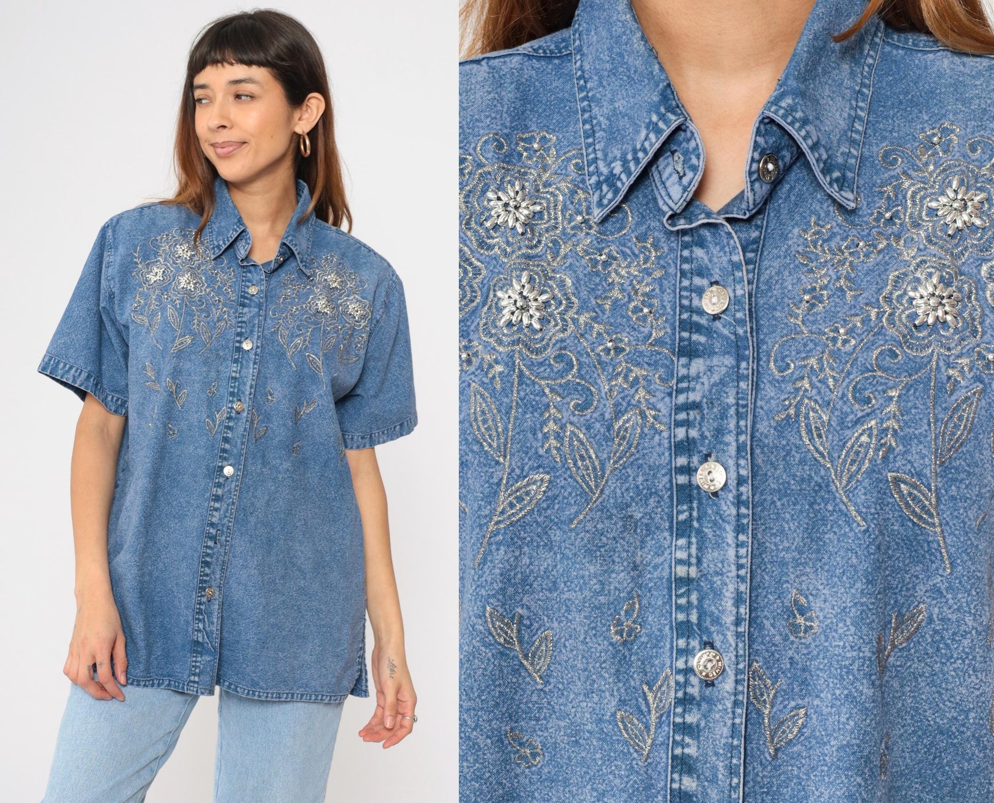 90s Club Z Denim Shirt Metallic Floral Embroidered Beaded Acid Wash Blue Medium M