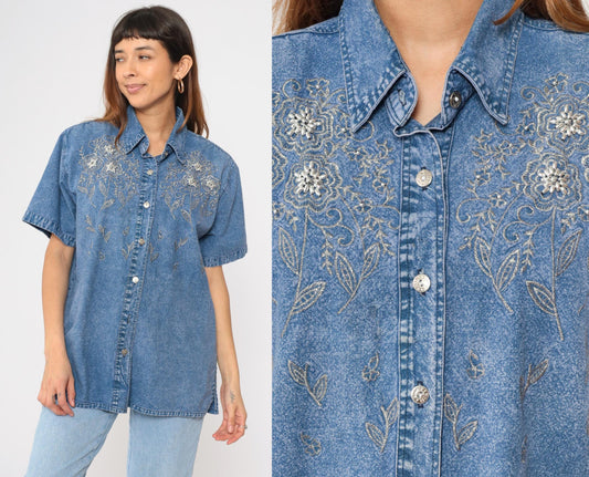 90s Club Z Denim Shirt Metallic Floral Embroidered Beaded Acid Wash Blue Medium M