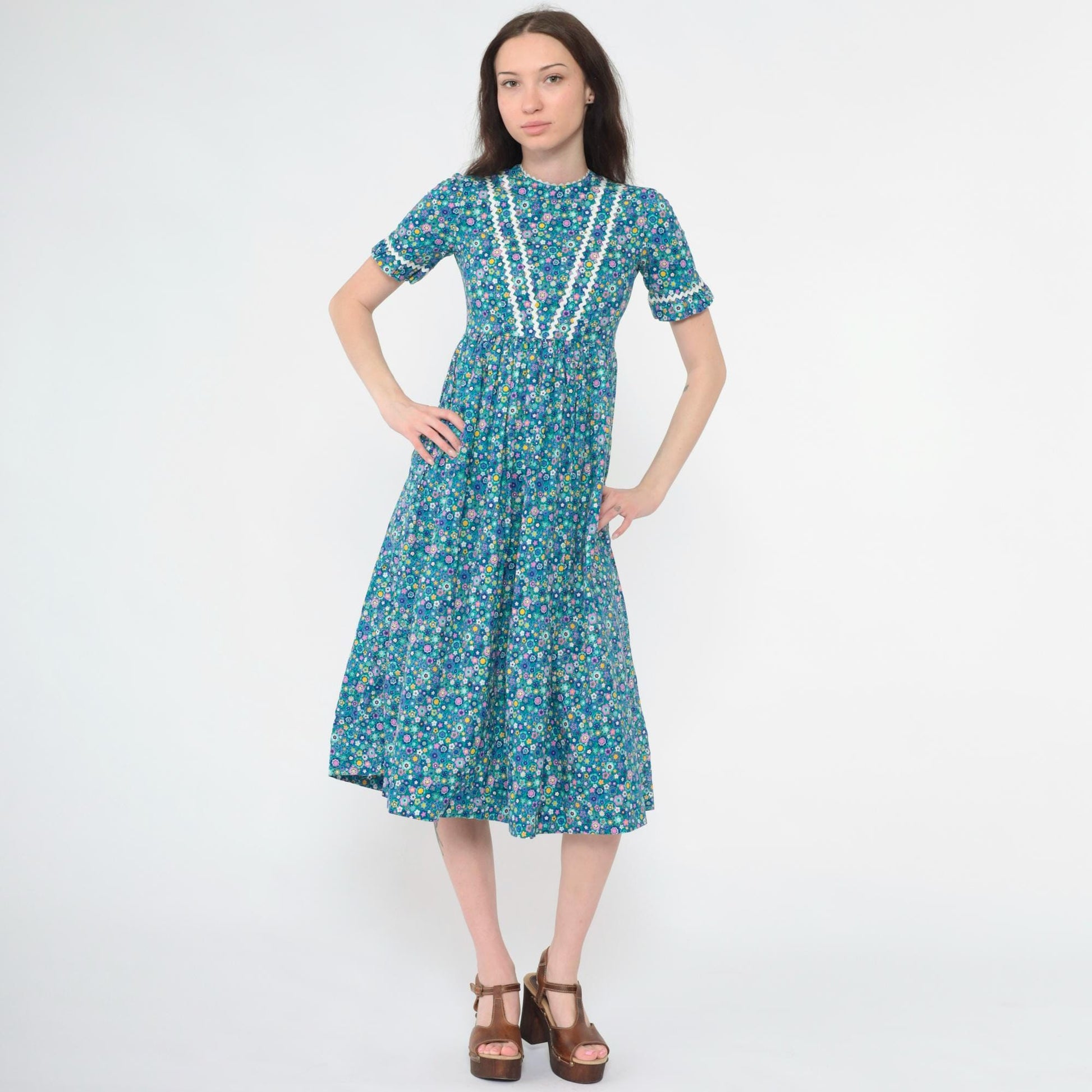 1960s Blue Floral Midi Dress Empire Waist Ruffled Short Sleeve XXS