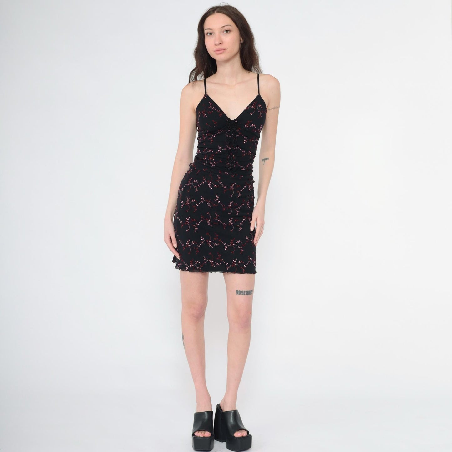 Y2K Fredericks of Hollywood Floral Bodycon Mini Dress Black Spaghetti Strap Extra Small