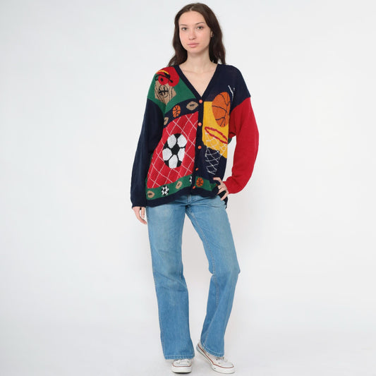 90s Cabin Creek Sports Cardigan Novelty Knit Basketball Football Soccer Plus Size XL