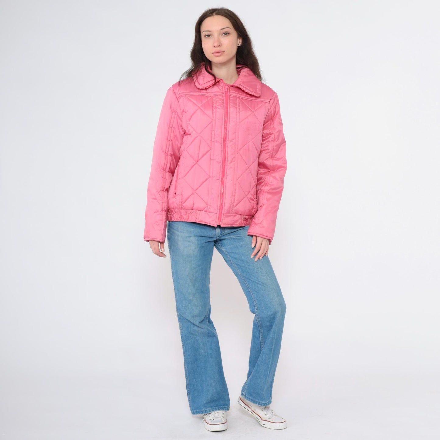 80s Pink Quilted Puffer Ski Jacket Zip-Up Winter Coat Medium