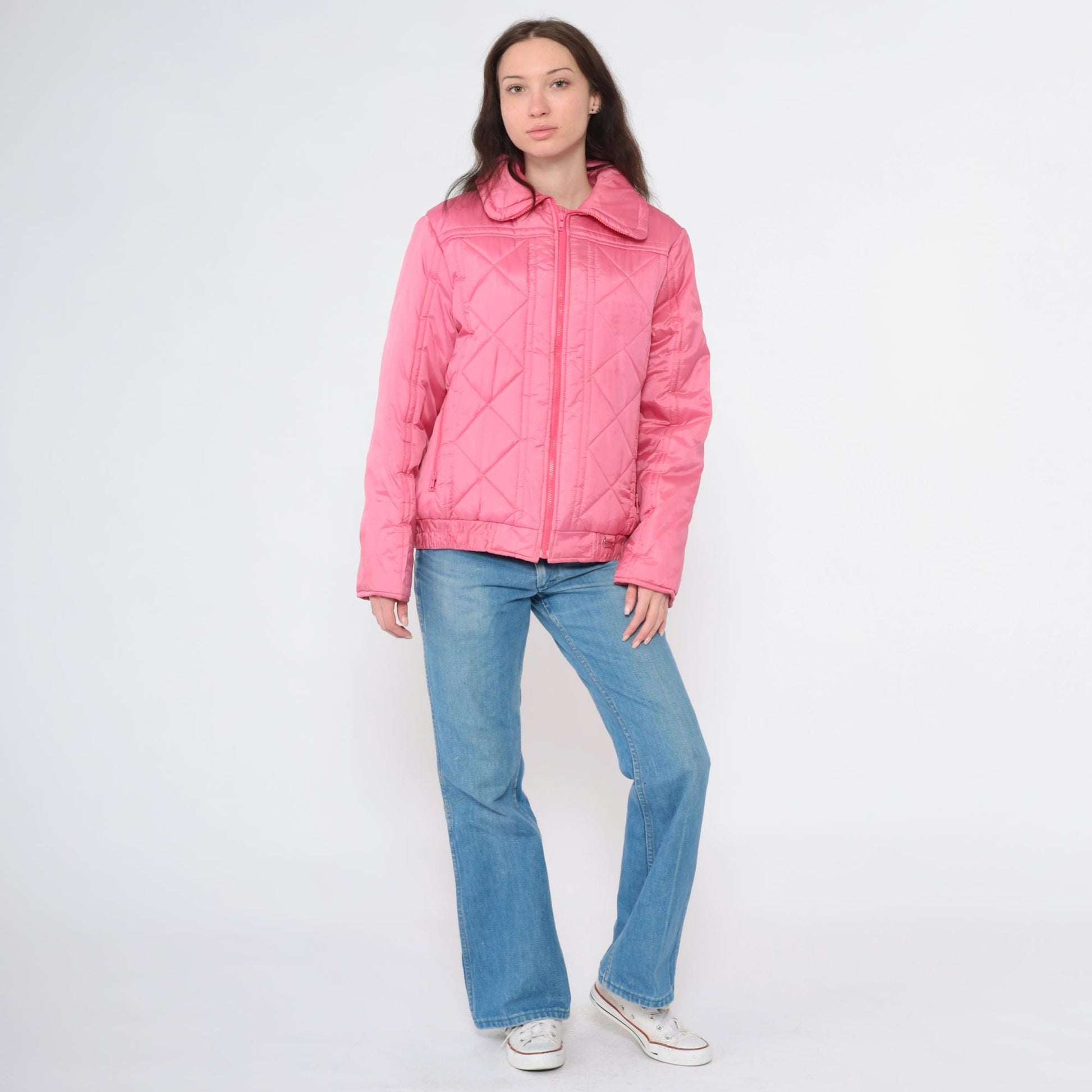80s Pink Quilted Puffer Ski Jacket Zip-Up Winter Coat Medium