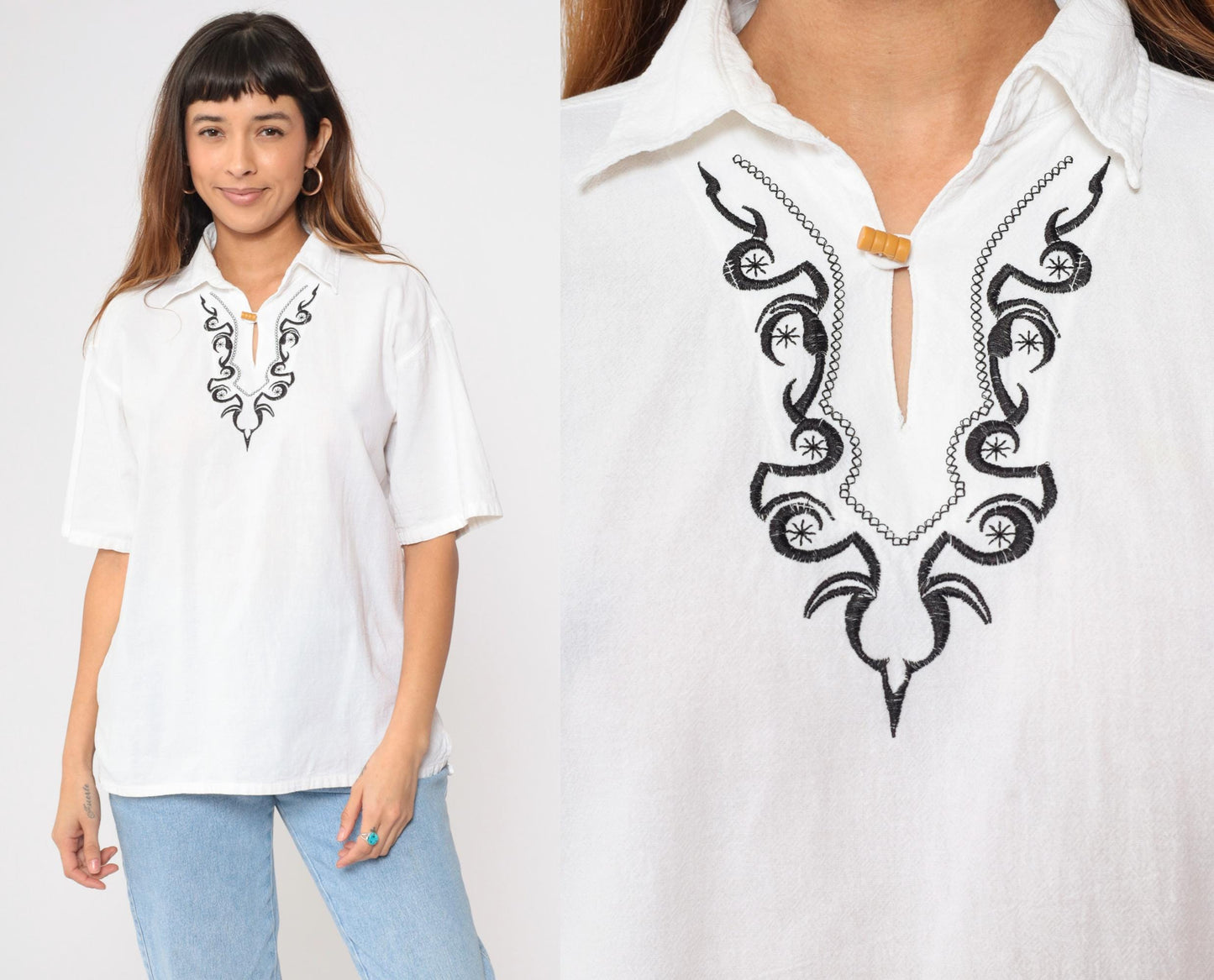Y2K White Embroidered Tunic Split Neck Blouse Black Stitching Extra Large