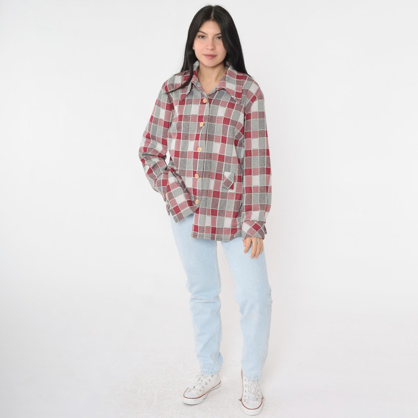 70s Grey Burgundy Plaid Button-Up Shirt Long Sleeve Collared Blouse Extra Large