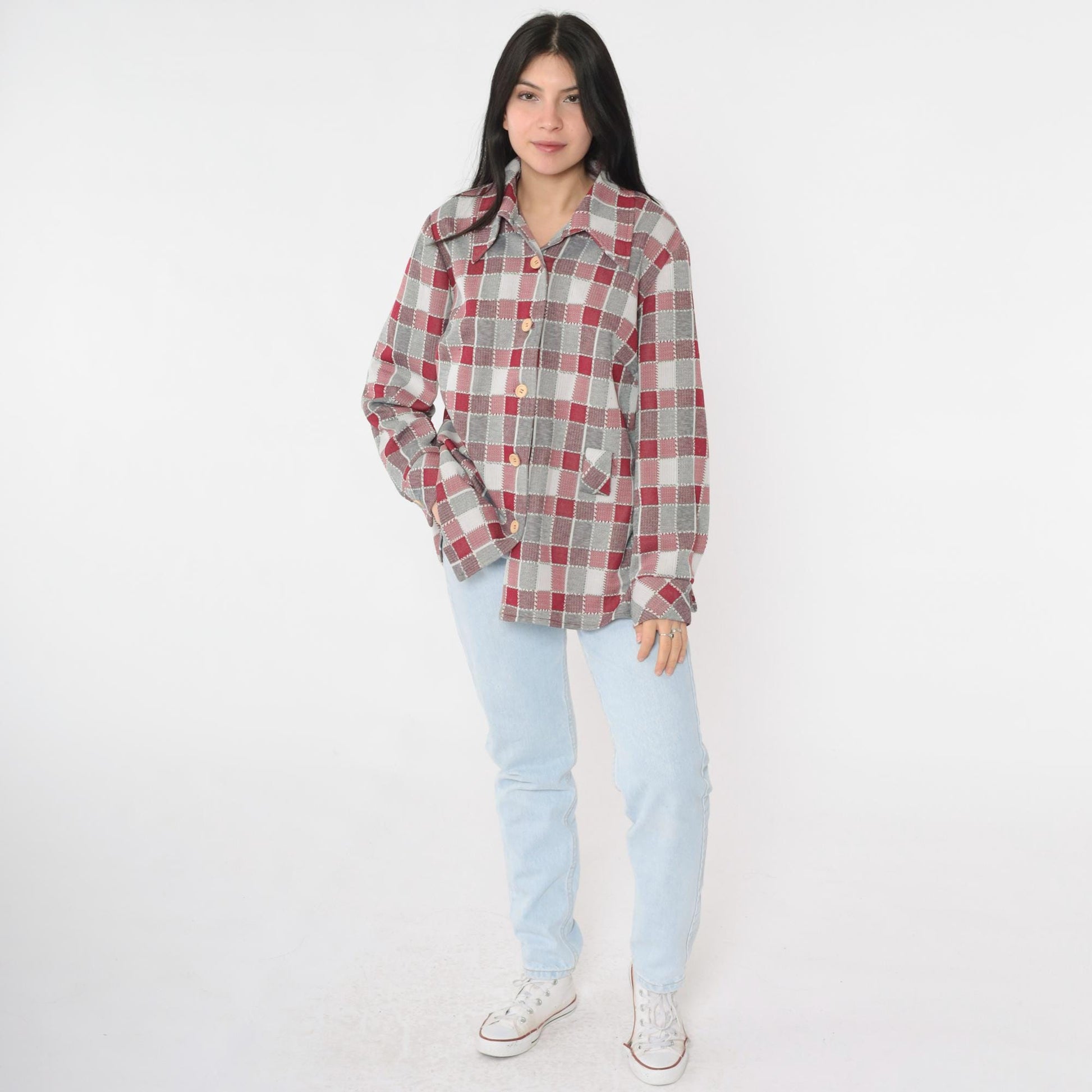 70s Grey Burgundy Plaid Button-Up Shirt Long Sleeve Collared Blouse Extra Large