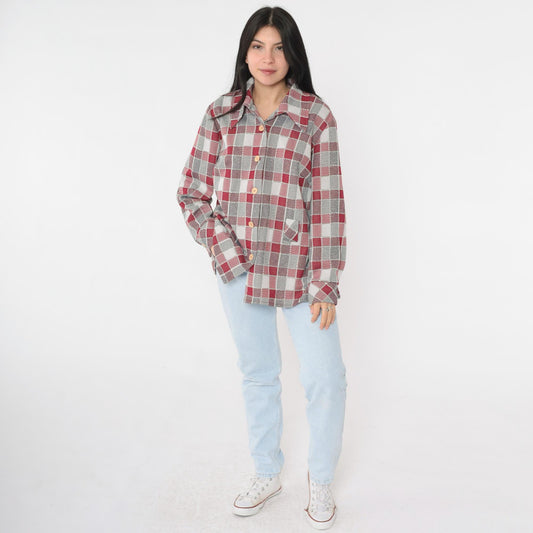 70s Grey Burgundy Plaid Button-Up Shirt Long Sleeve Collared Blouse Extra Large
