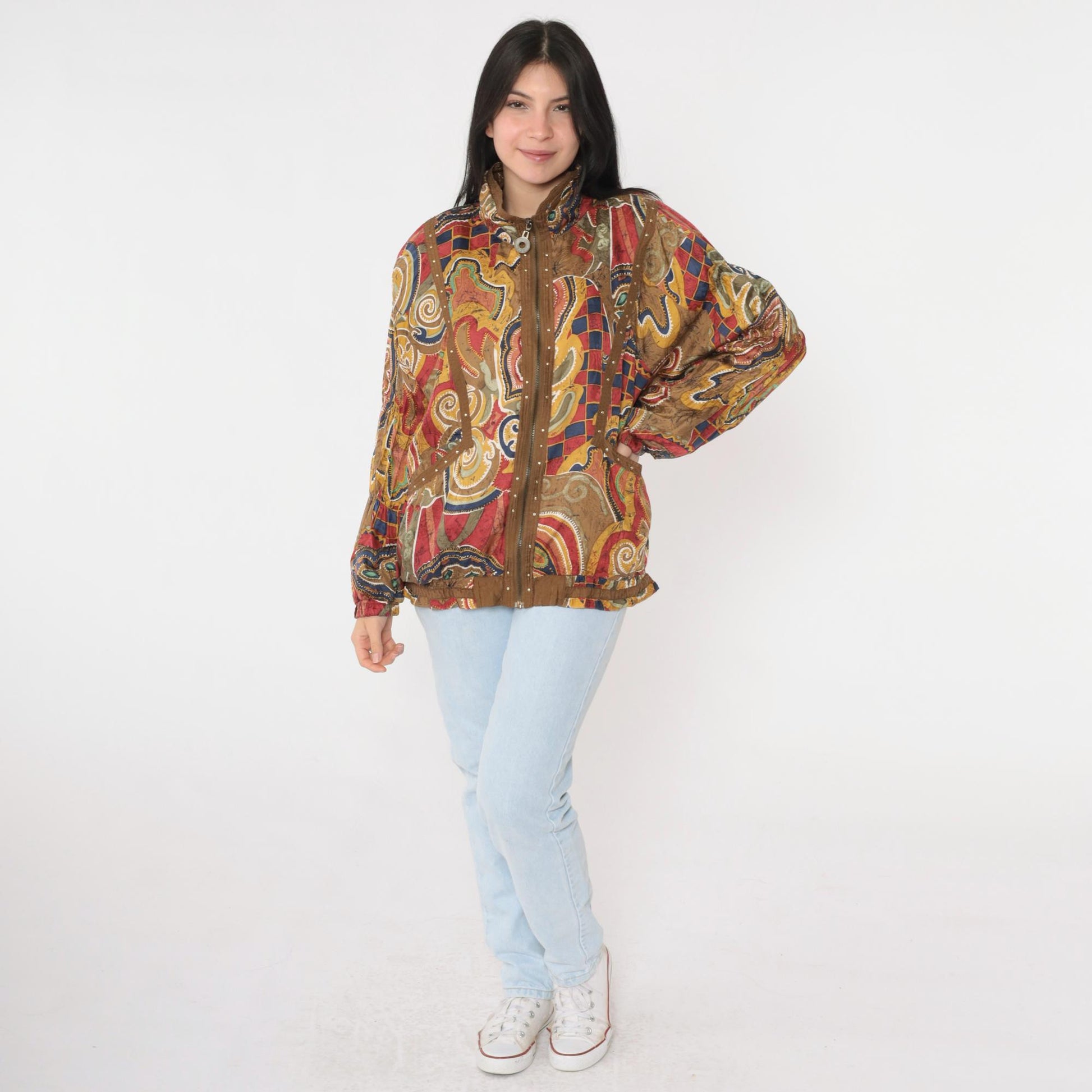 90s Mureli Silk Windbreaker Jacket Abstract Leaf Print Brown Studded Medium M