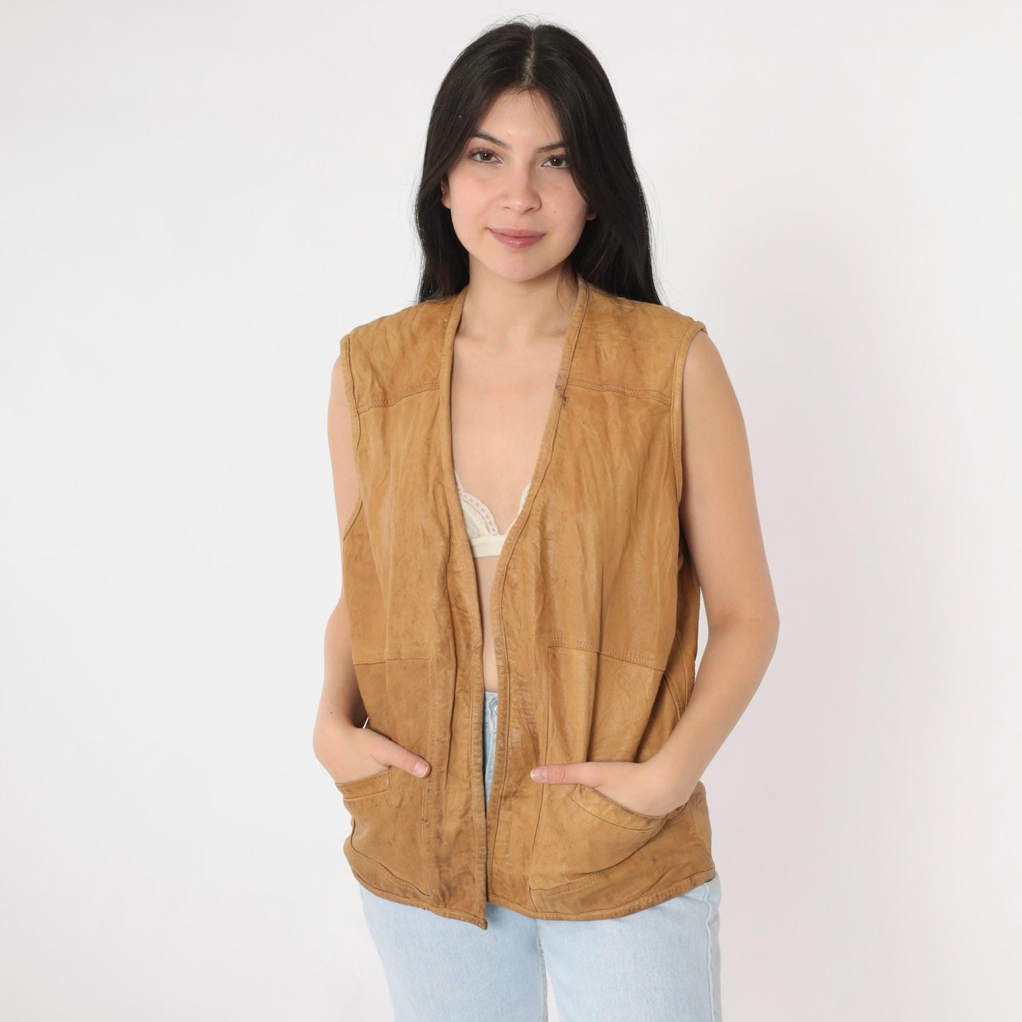 80s Petronio Tan Leather Vest Open Front Utility Large