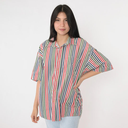 90s Appalachian Trail Striped Cotton Button-Up Shirt Green Blue Red Men's Large