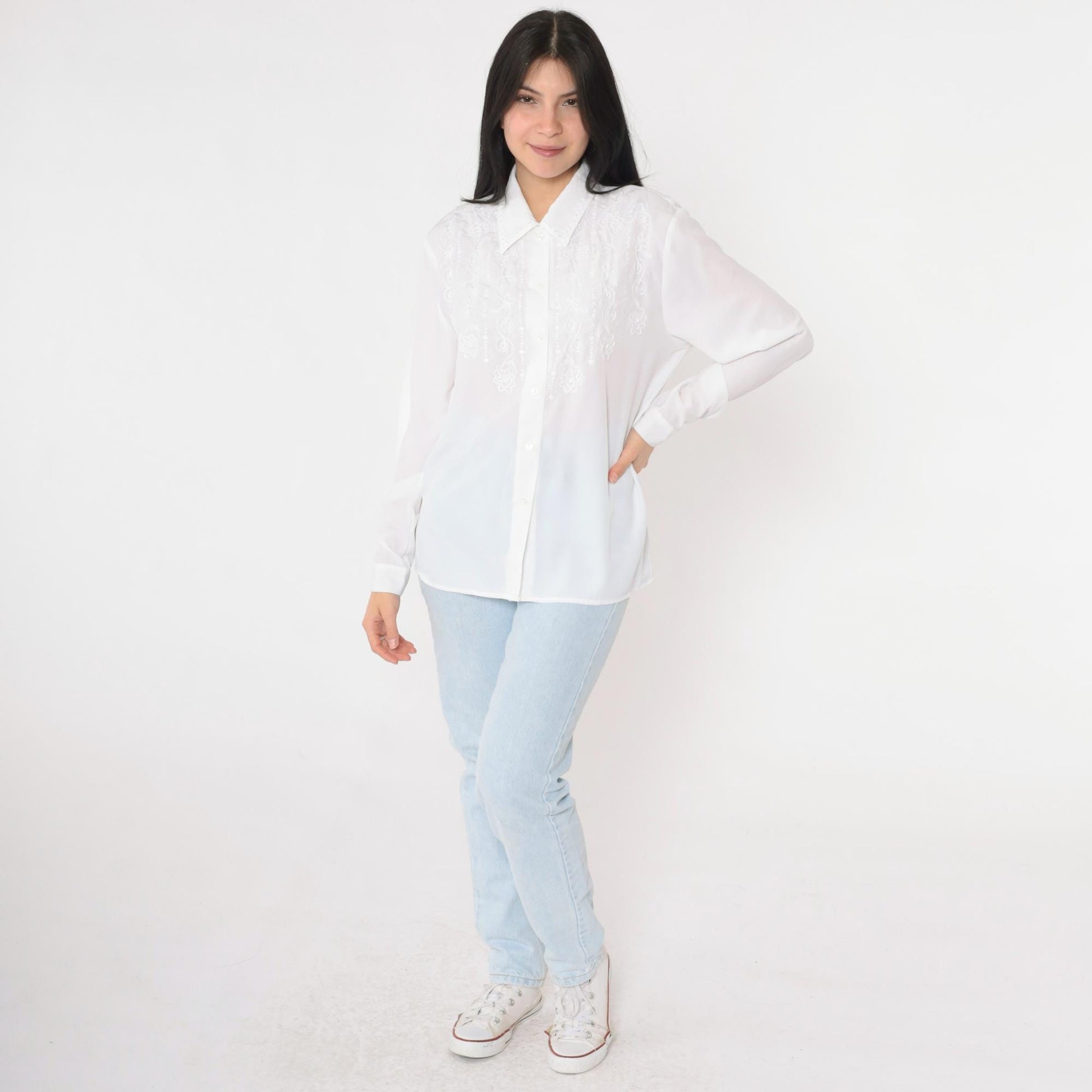 90s White Soutache Embroidered Blouse Floral Button-Up Long Sleeve Medium