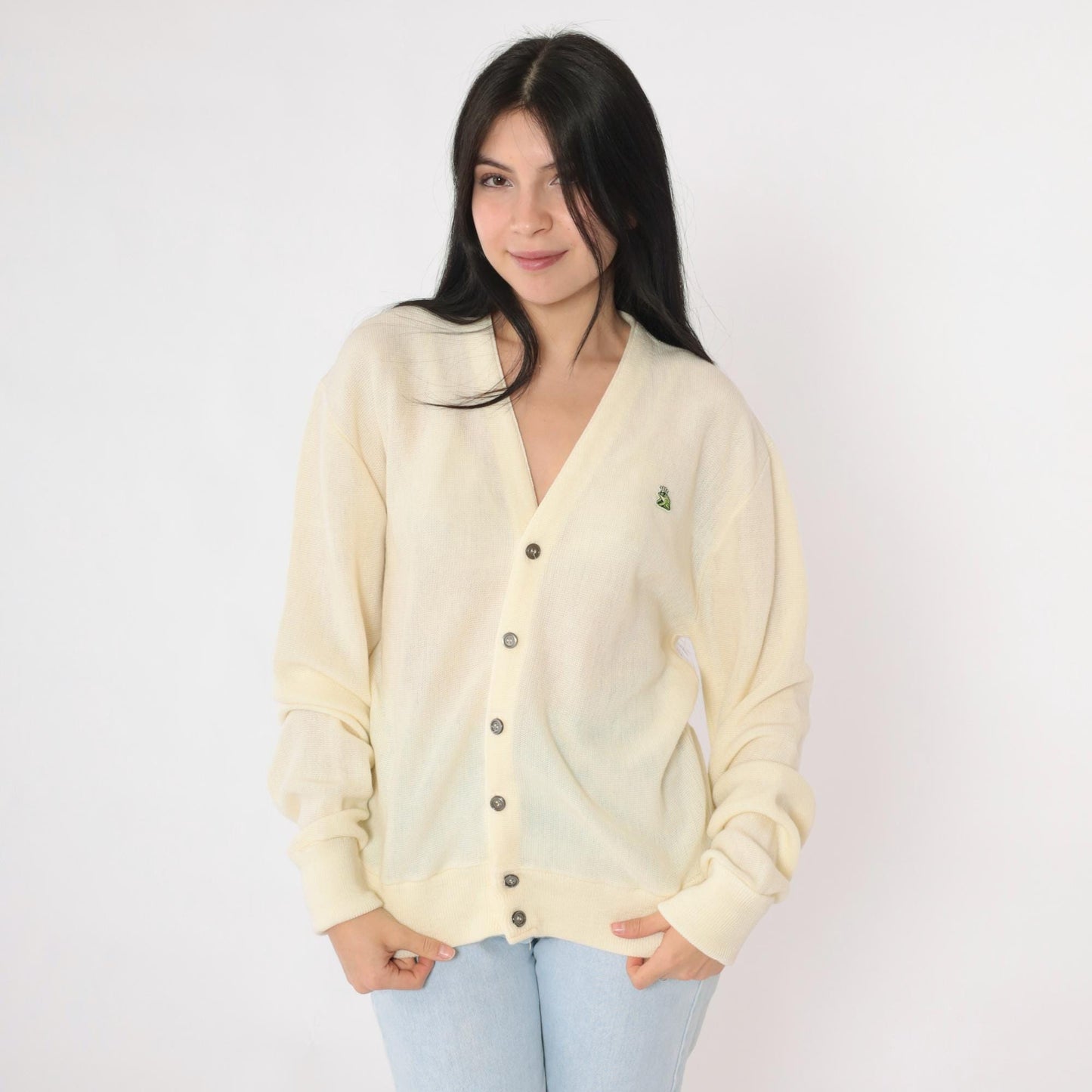 80s Van Cort Cream Cardigan Sweater Crowned Frog Emblem V-Neck Large L