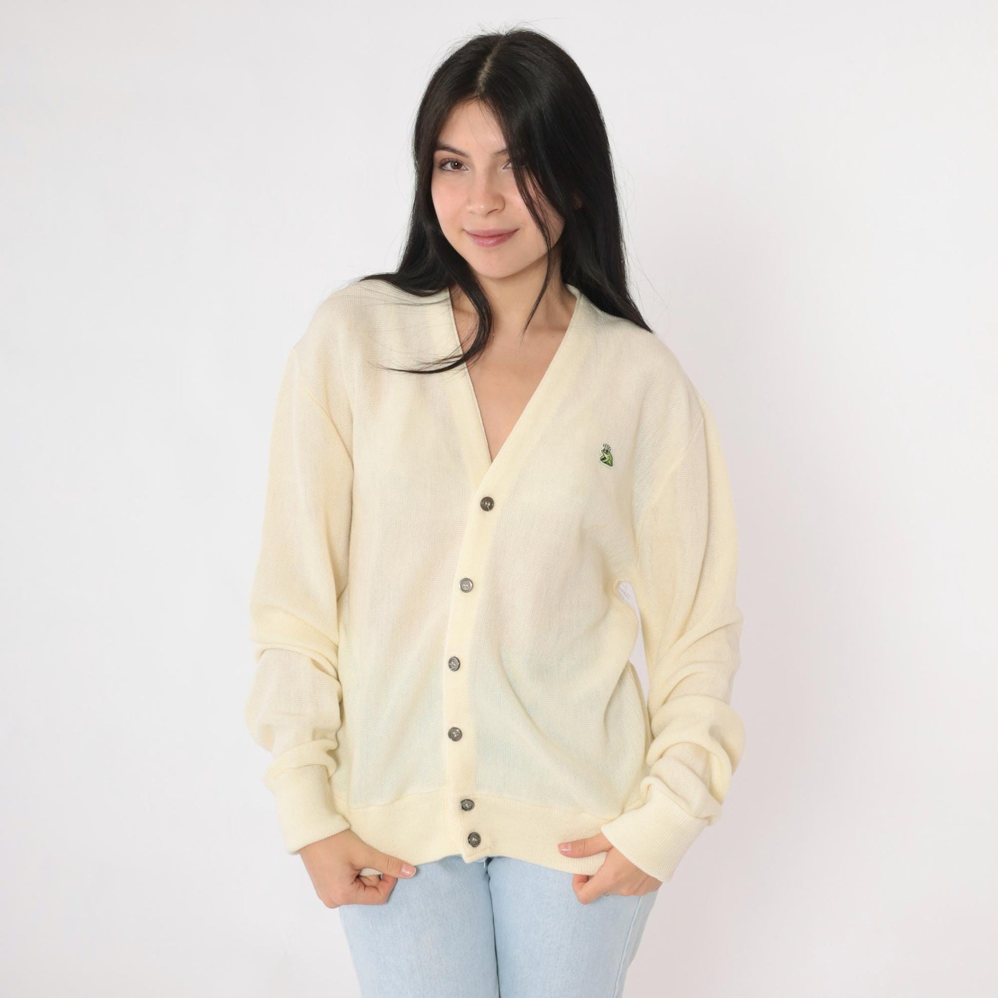 80s Van Cort Cream Cardigan Sweater Crowned Frog Emblem V-Neck Large L