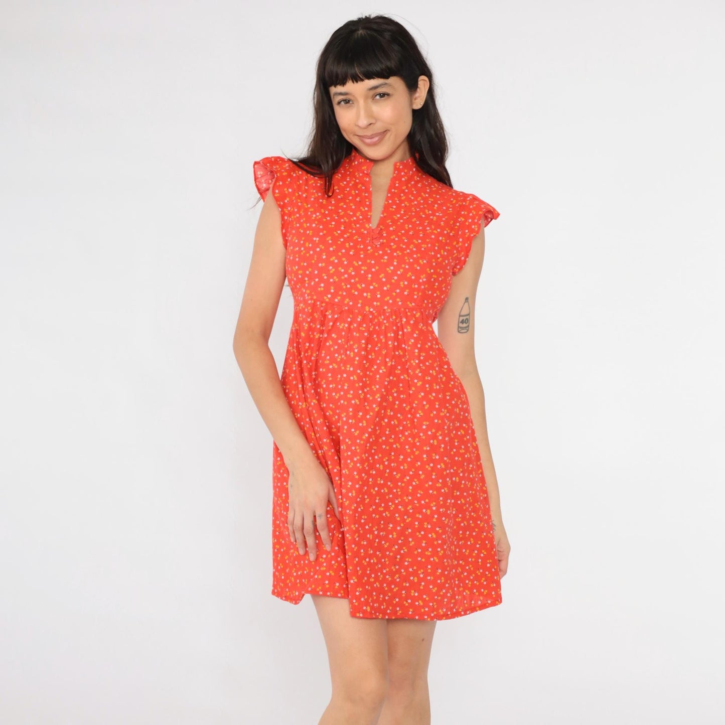 70s Orange Calico Floral Babydoll Mini Dress Empire Waist Flutter Sleeve XS