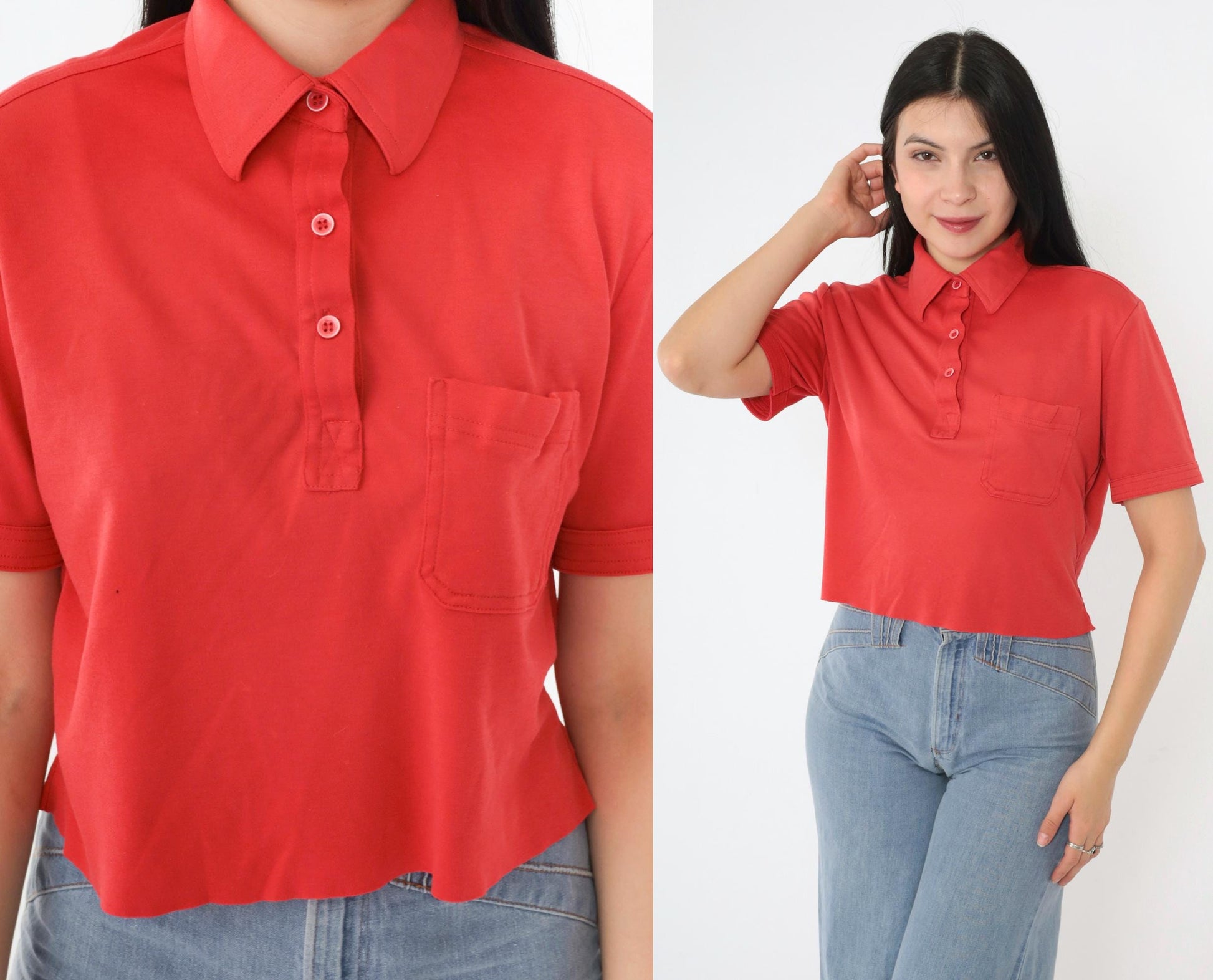 90s Red Polo Shirt Cropped Raw Hem Chest Pocket Medium M