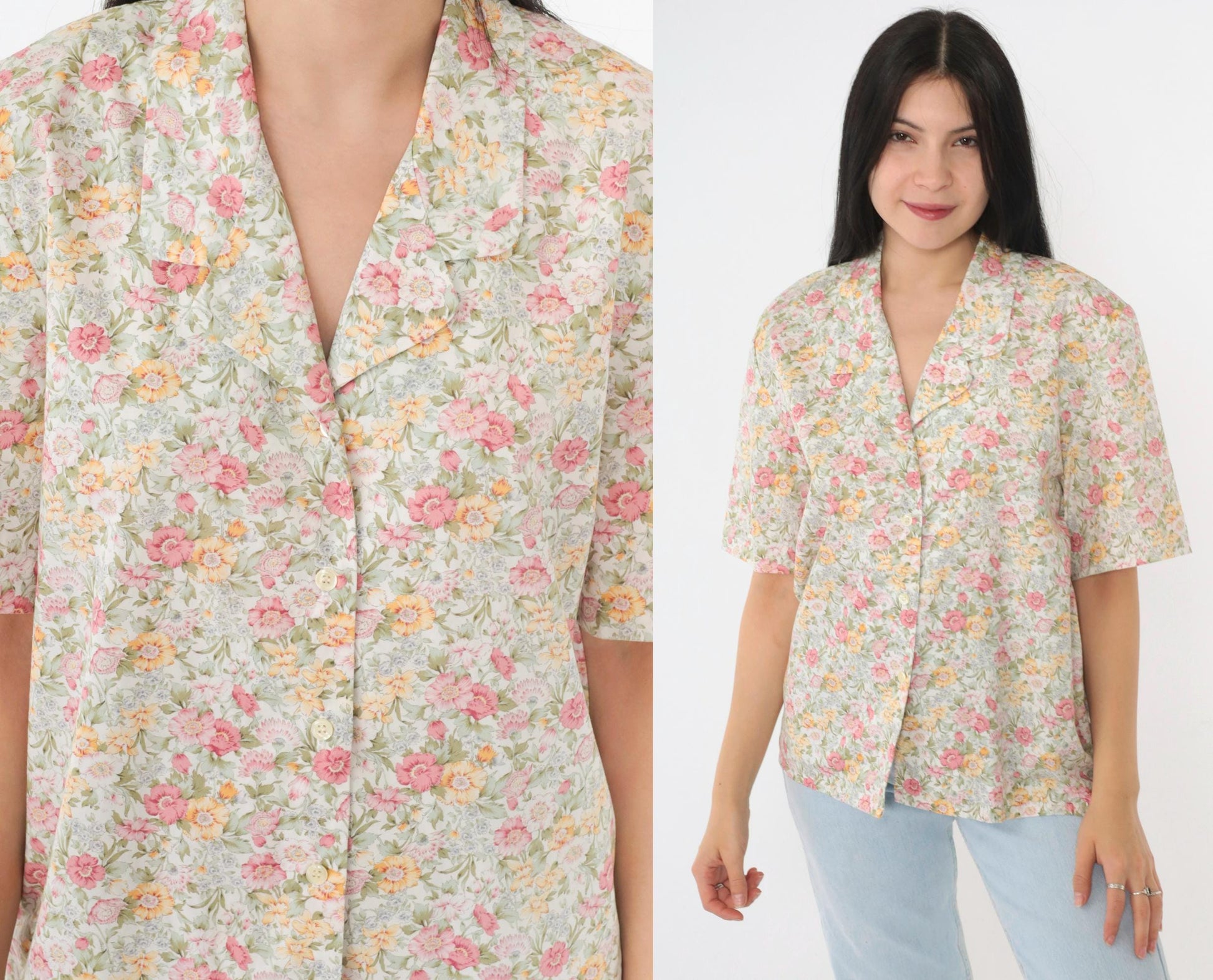 90s Susan Bristol Floral Button-Up Blouse White Pastel Print Short Sleeve Medium