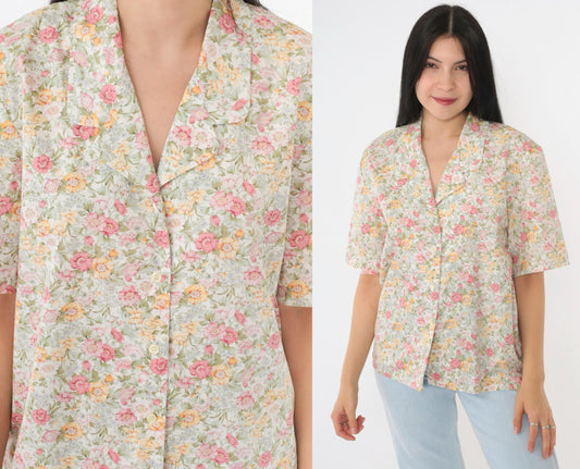 90s Susan Bristol Floral Button-Up Blouse White Pastel Print Short Sleeve Medium