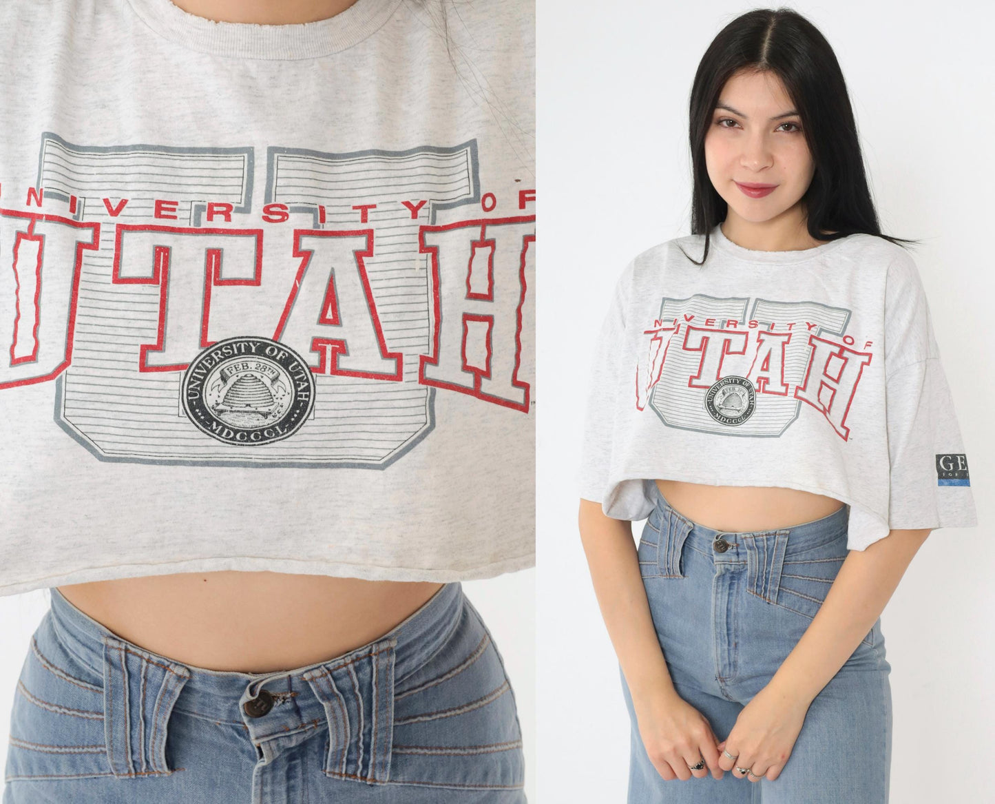 90s University of Utah Utes Crop Top Grey Graphic T-Shirt Cotton Medium