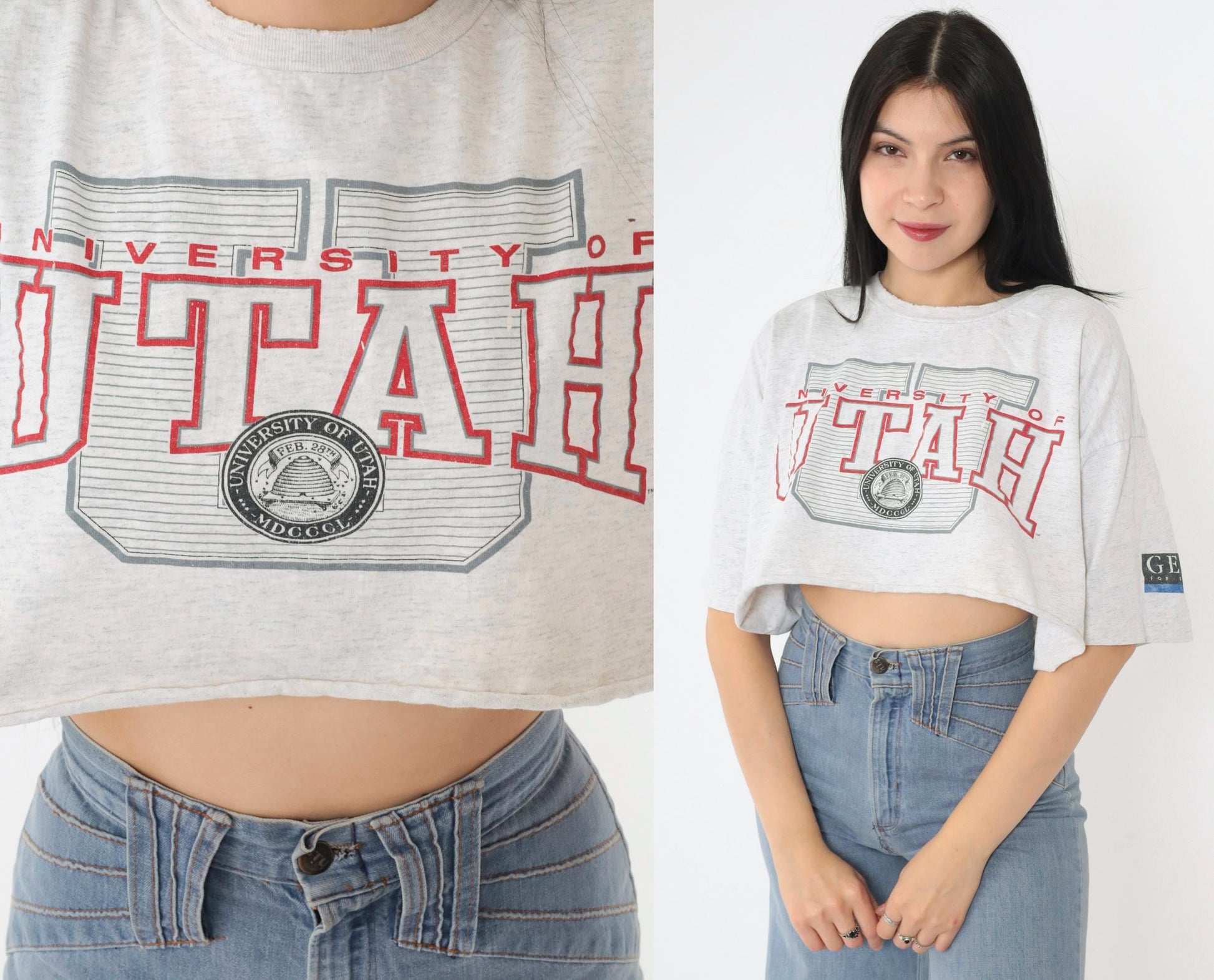90s University of Utah Utes Crop Top Grey Graphic T-Shirt Cotton Medium