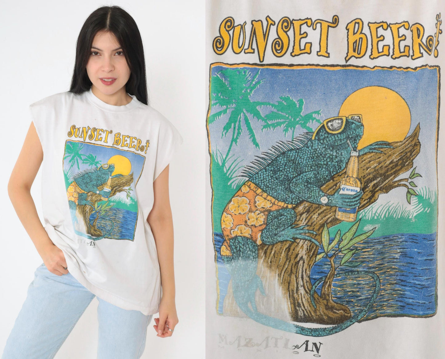 90s Sunset Beer Mazatlán Iguana Graphic Muscle Tank Large L