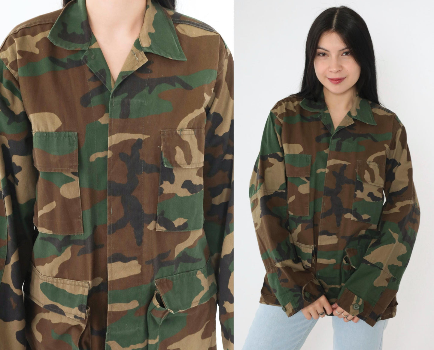 90s Woodland Camouflage Military Jacket Button Front Utility XSmall